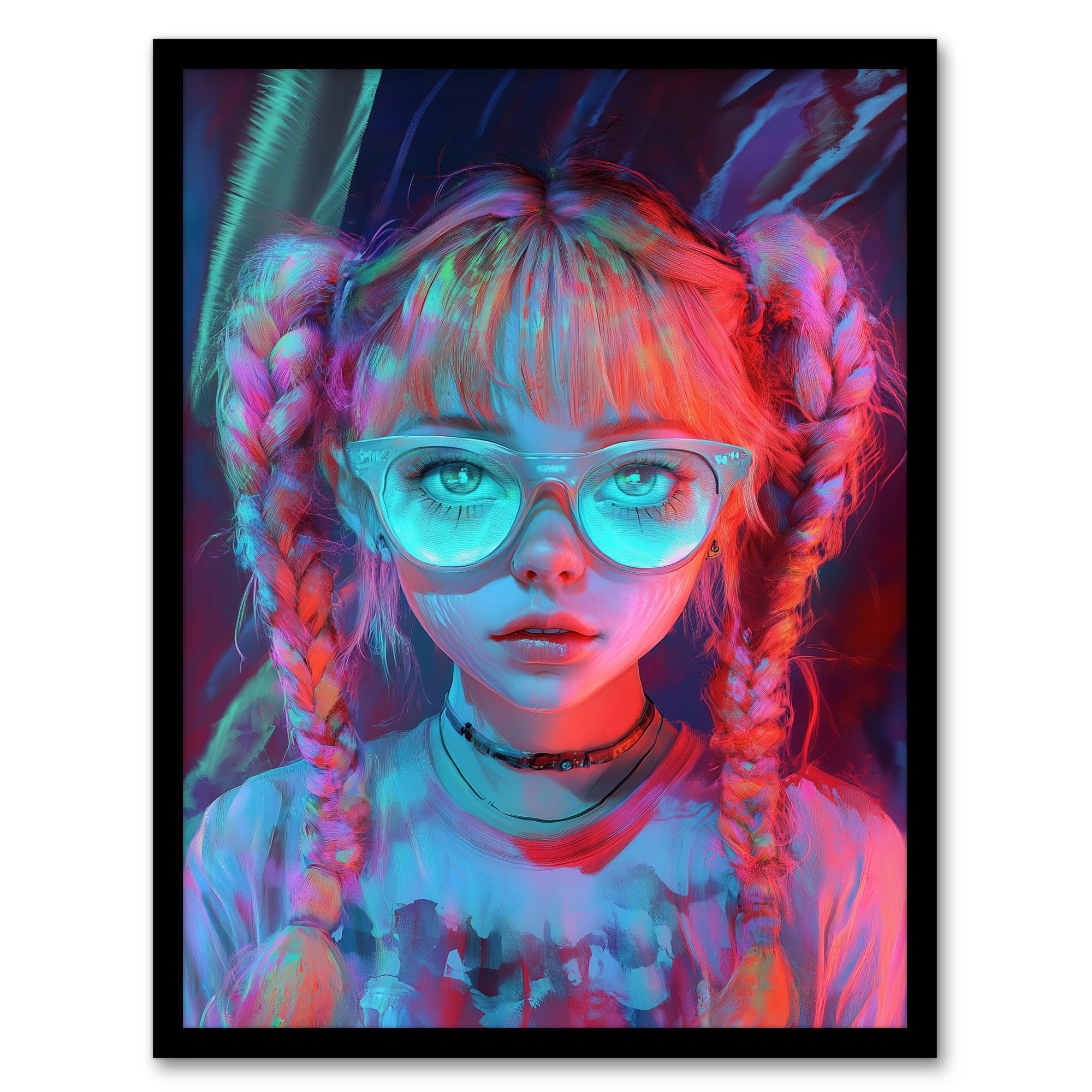 Artery8 Nerdy Girl Braid Pigtails Glasses Neon Pink Blue Living Room Artwork Framed Wall Art Print A4