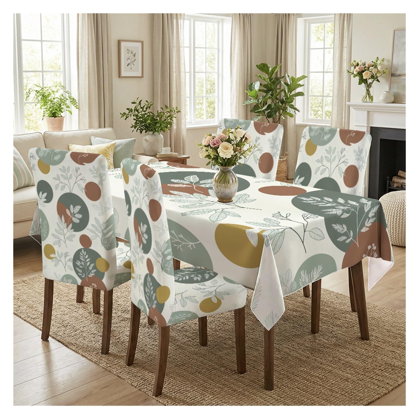 KXUAUV Mid Century Geometric Leaf Printed Dining Tablecloth & Chair Covers Set, 5/7 Piece Boho Modern Neutral Home Decor Party Decor(5pcs Set: Tablecloth+Chair Covers)