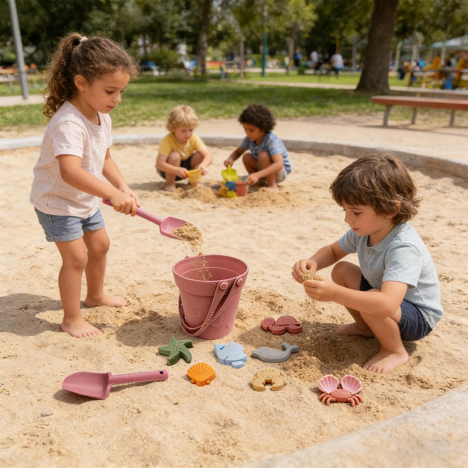 Juguetes para niños en la playa Cubo, pala y moldes de animales de silicona | Juguetes de para Exterior Para niños y niñas en vacaciones