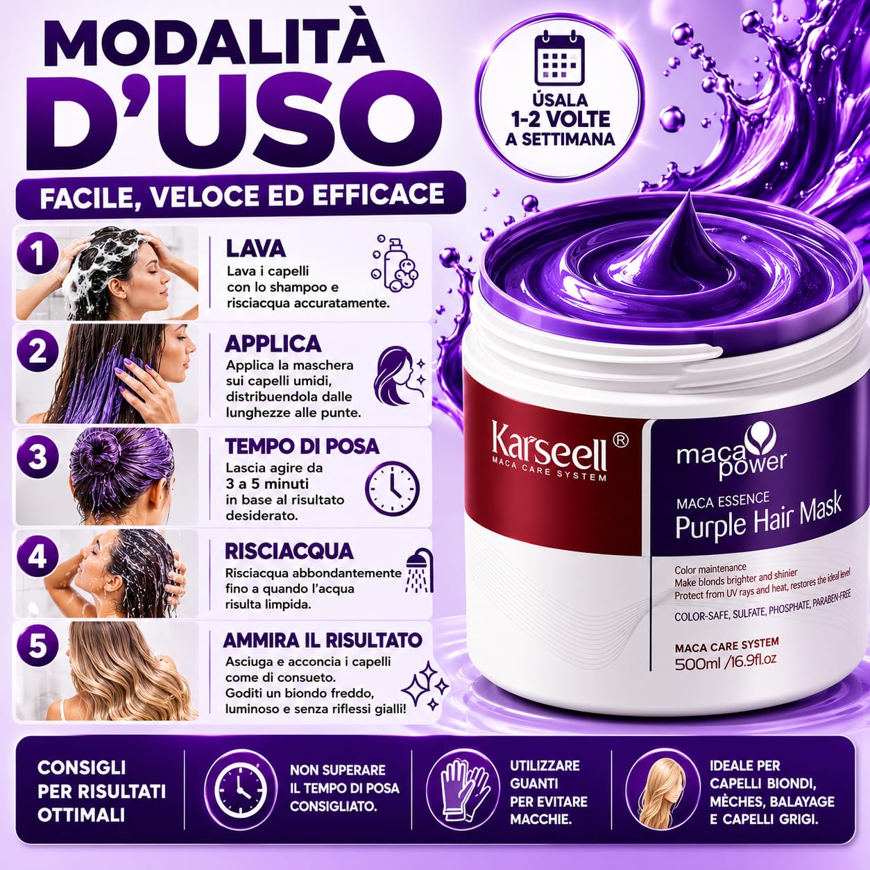 Karseell MACA CARE SYSTEM Set Professionale Antigiallo Maschera Viola 500ml Shampoo Viola 500ml Siero Olio di Argan 50ml per Capelli Biondi Platino e Grigi Idratante Riparatore Antifrizz