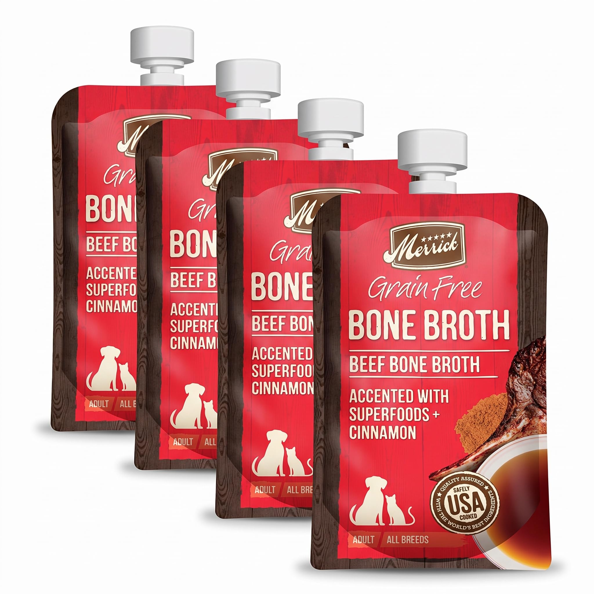 Merrick Grain Free Bone Broth, Premium Human Grade and Gluten Free Dog and Cat Food Topper Pouches, Beef - 7 oz. Pouch (Pack of 4)