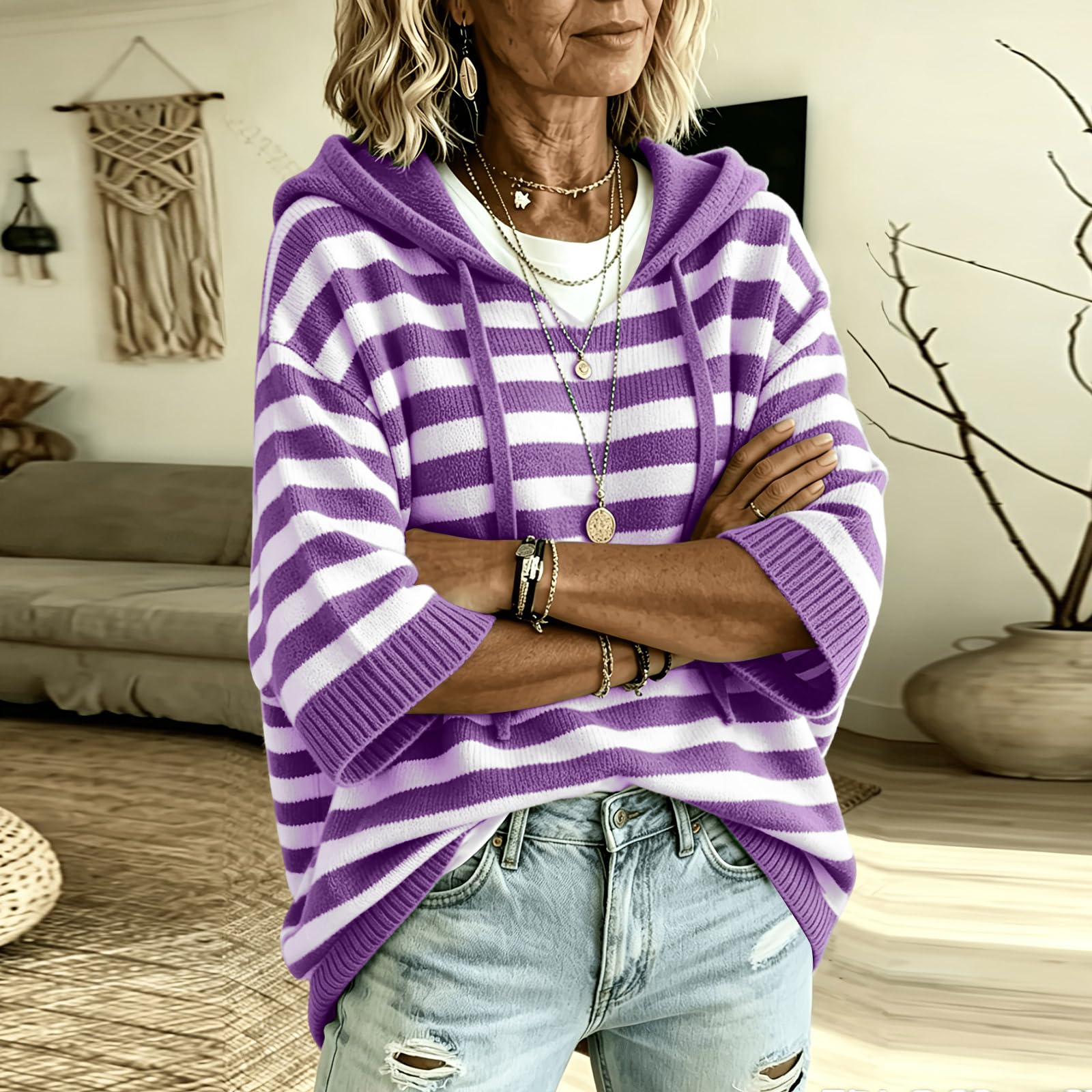 Pullover Damen 3/4 Arm Gestreiftes Strick Shirt Lose College Hoodie