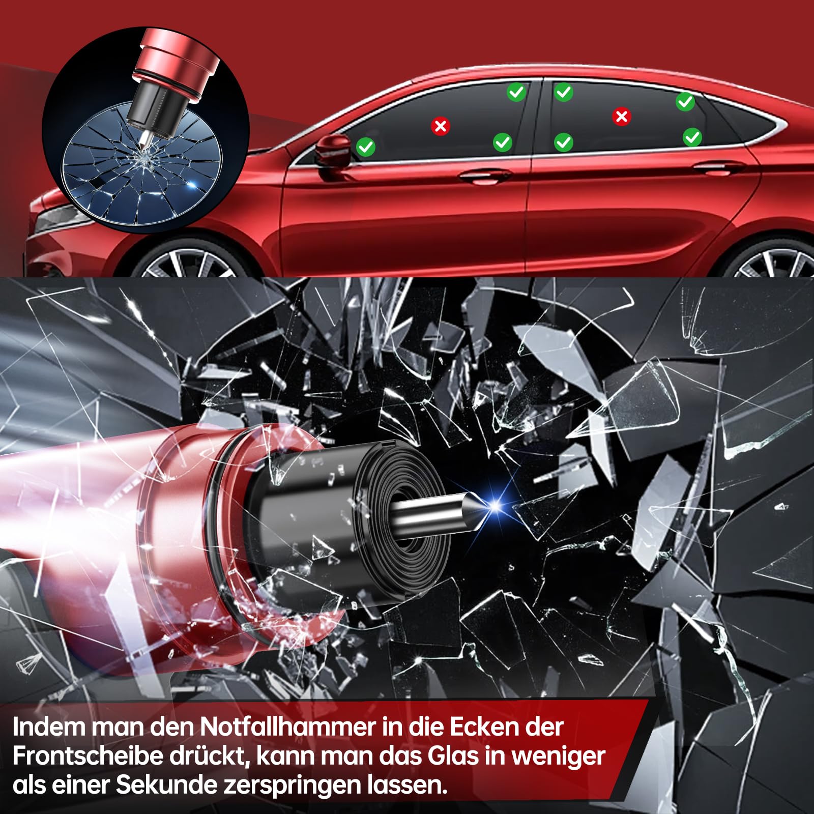 Gecool Martello di Soccorso 2 in 1 con tagliacintura, 4 pezzi kit di sicurezza – frangivetro a molla in tungsteno, lama a U e base adesiva. Ideale per auto e autobus.