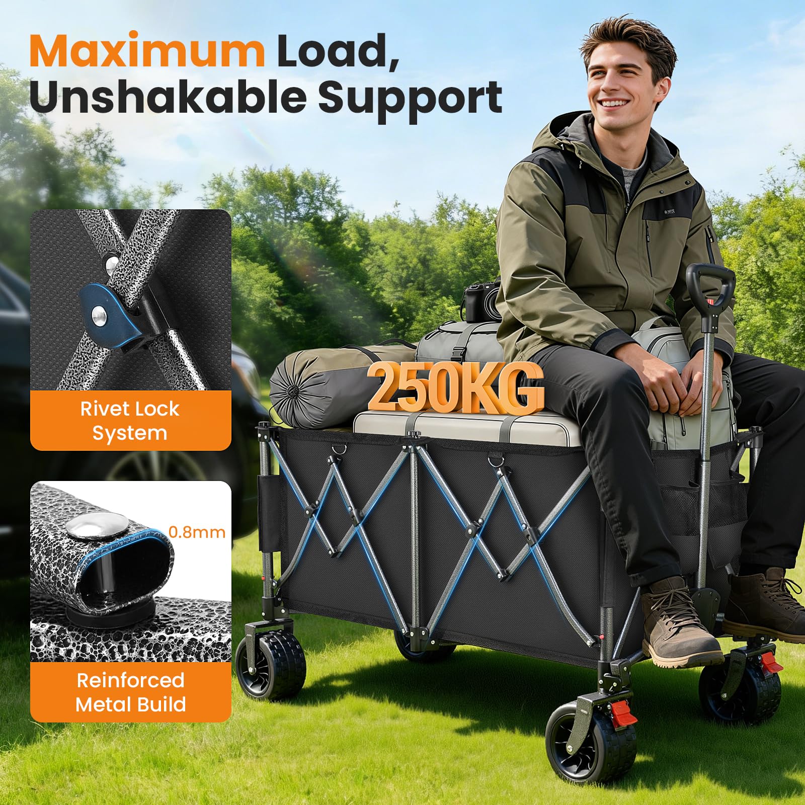 YEAUPE PRO XXXL Carro Playa Ruedas Grandes 200kg/260L – Frenos Dobles, Ruedas Anchas, Estructura Reforzada, Mango Ajustable, para Playa y Camping – Red elástica incluida, Negro Carbón