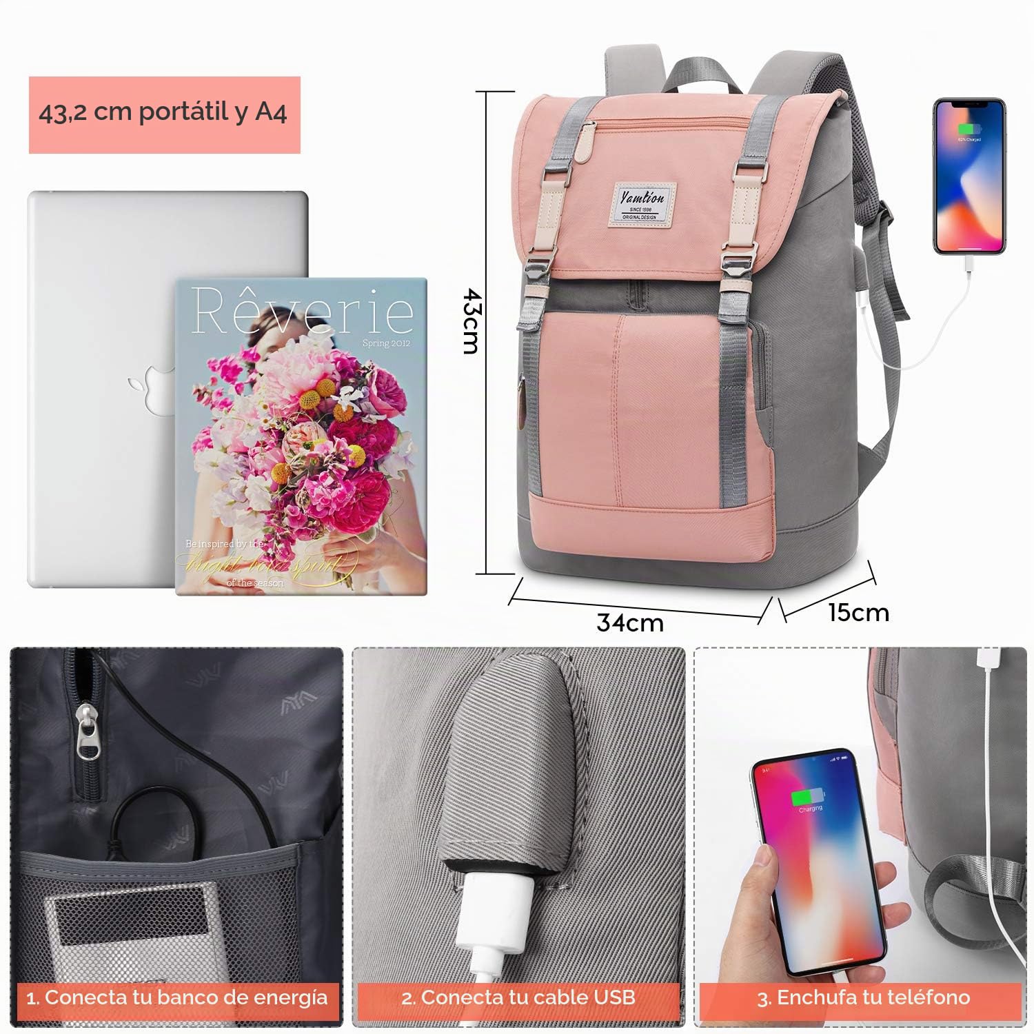 YAMTION Mochila para Mujer, Portátil 17 Pulgadas, Escolar Niña, Ordenador con USB