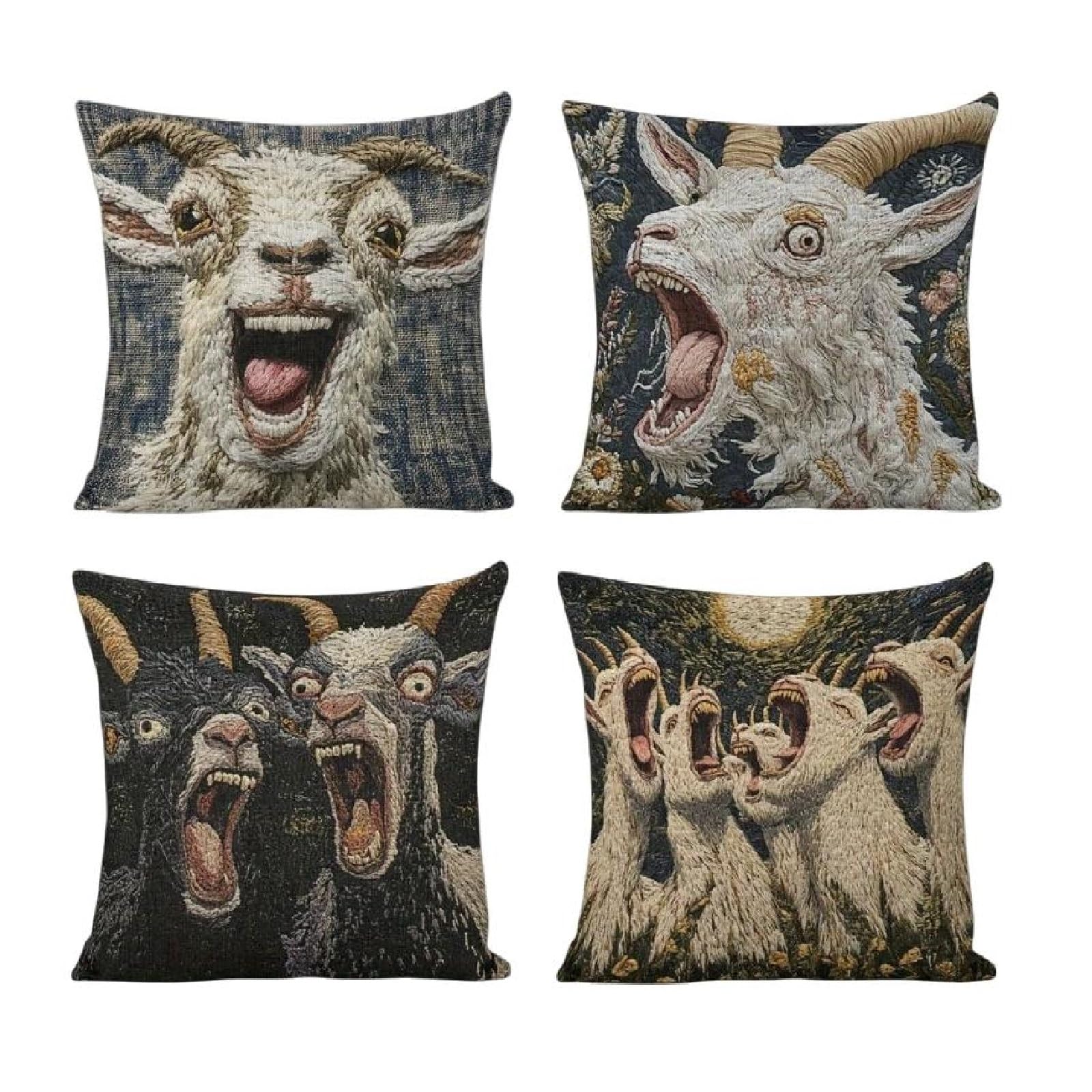 Screaming Goat Pillowcase 4PCS,17.72x17.72 Inches Square Case,2D Flat Printing Design,Funny Imitation Embroidery Crazy Goats Cushion Protector Cover,Living Room Sofa Cushion Shell,Home Dorm Accessory