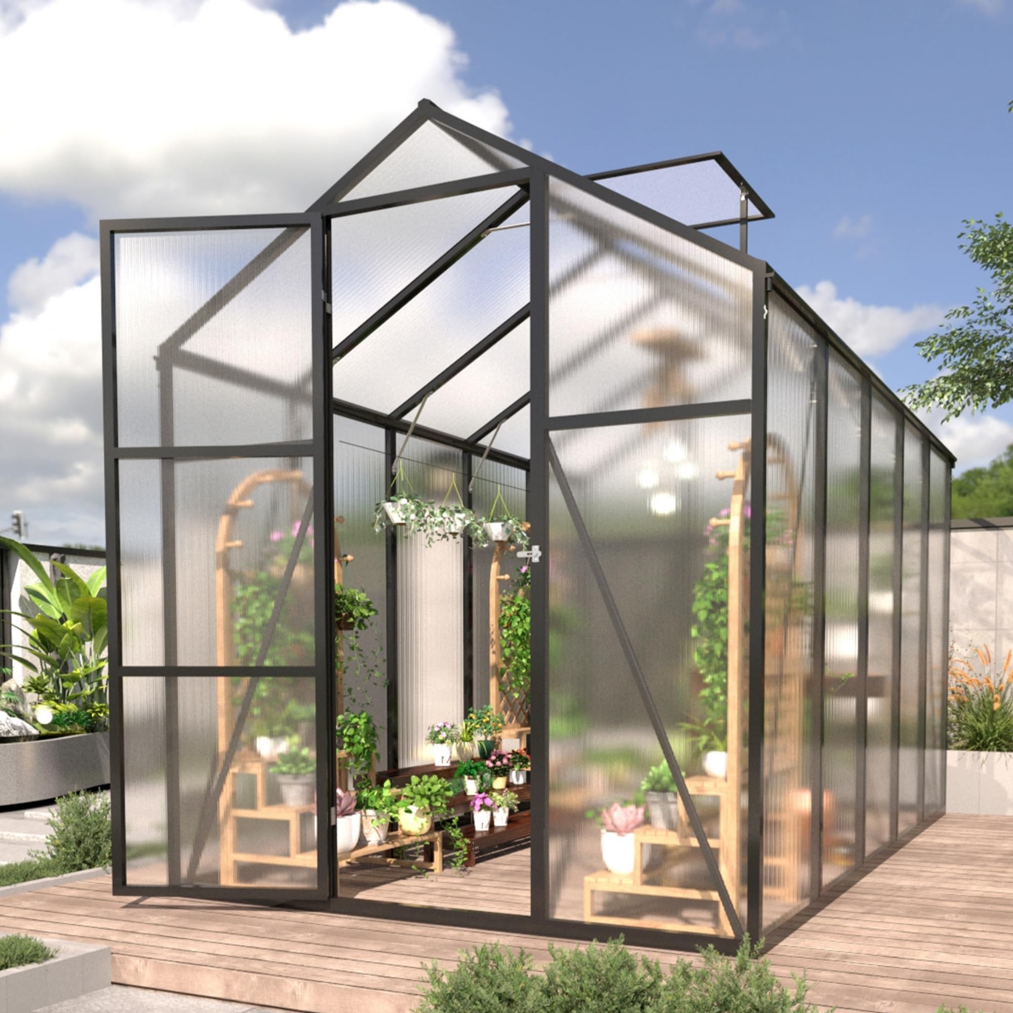 Vigo huseeo 7.2FT High 6*10.2FT Greenhouse for Outdoors,Polycarbonate Greenhouse with Stronger Wind Protection and Roof Vent,Walk-in Large Aluminum Sunroom Winter Proof,Black