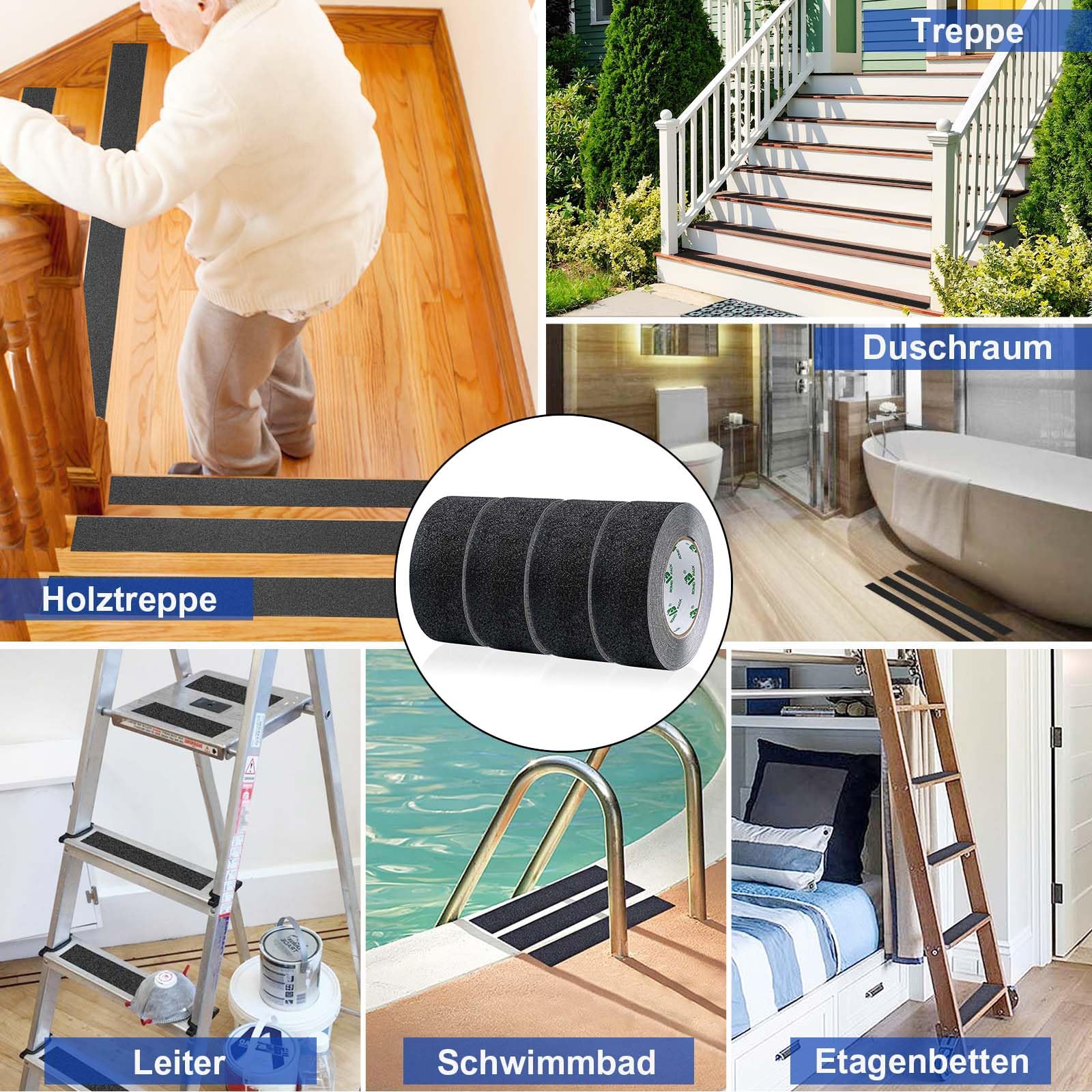 BOMEI PACK Antirutsch Klebeband Streifen mit Selbstklebend, Schwarz 4 Rollen 5cm x 10m Treppe Stufen Band Kleber Rutschfest Klebeband, Hohe Traktion für innen- und Außenbereich Non Slip Tape