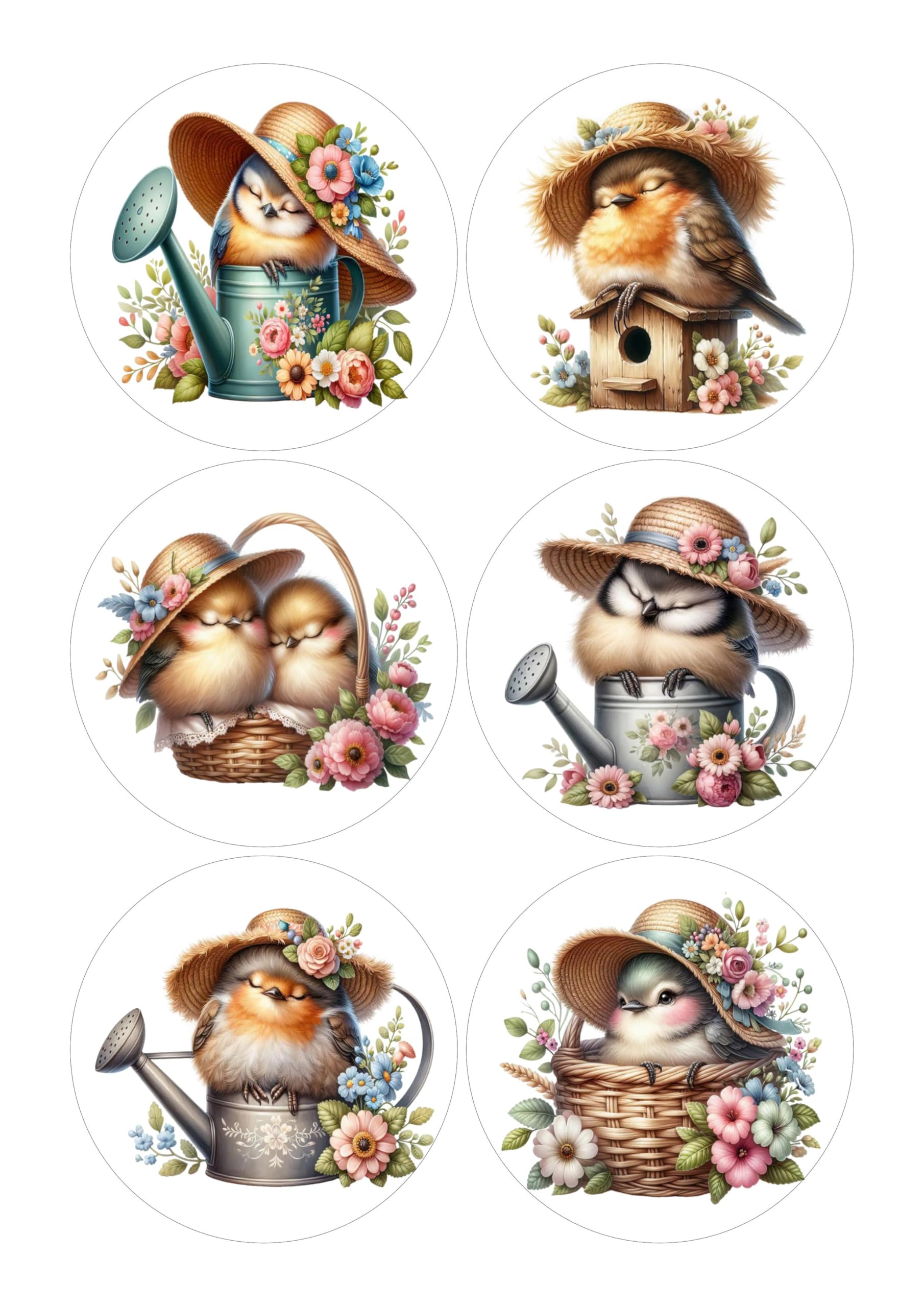 12 Cute Birds in Straw Hats Selection Card Making Toppers Self Adhesive Circles - Glossy Finish Medium 88mm (3.5 inches) Diameter - Pack of 12 (Two Sheets of 6) - Crafts Labels