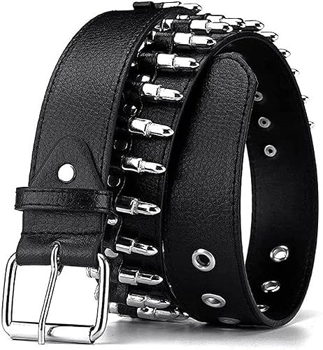 Rsleepd Bullet Studded Punk Rivet Belt - Black Leather Rock Belt with Silver Bullet for Women & Men