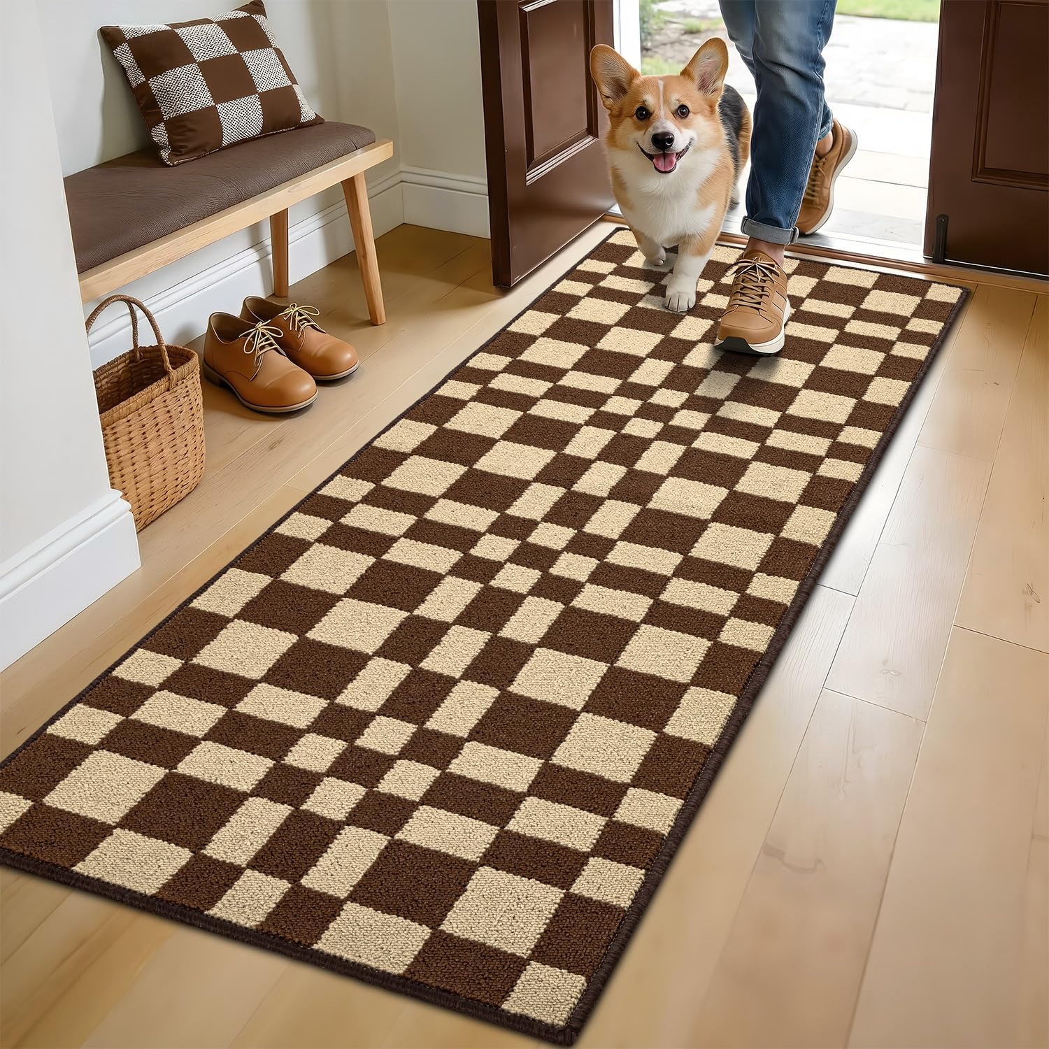 Biscpro 55x150cm checkered Kitchen Rugs,Non Slip Washable Brown Kitchen Mat