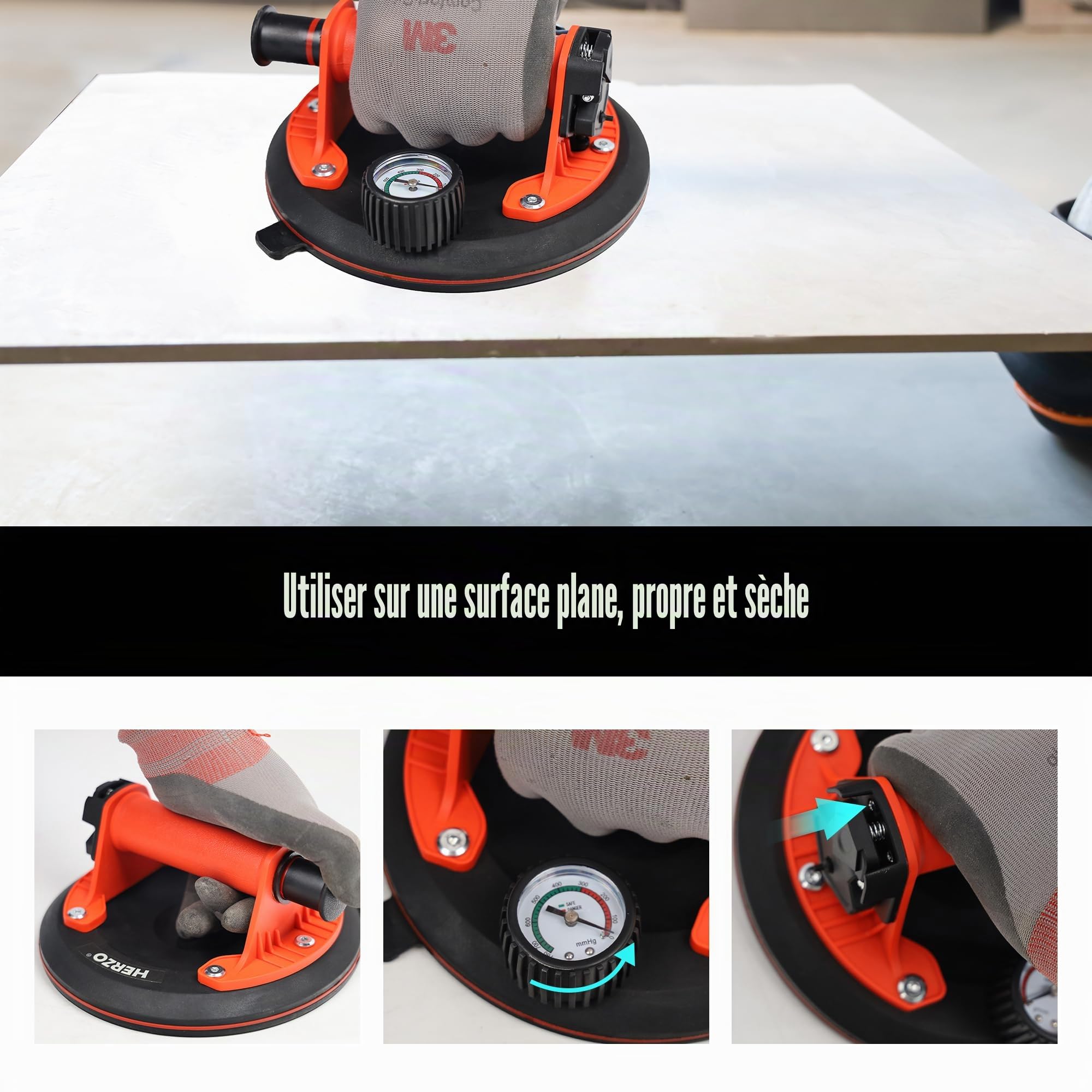 HERZO ventouses 8" avec manomètre, ventouse pour verre, capacité de charge sécurisée 100 kg, aspirateur pour carrelage, verre, stratifié