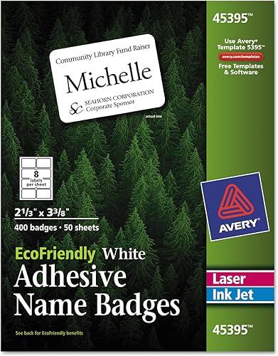 Avery 45395 Etiquetas adhesivas para insignias de nombre, 2-1/3 x 3-3/8, blancas, 400/caja