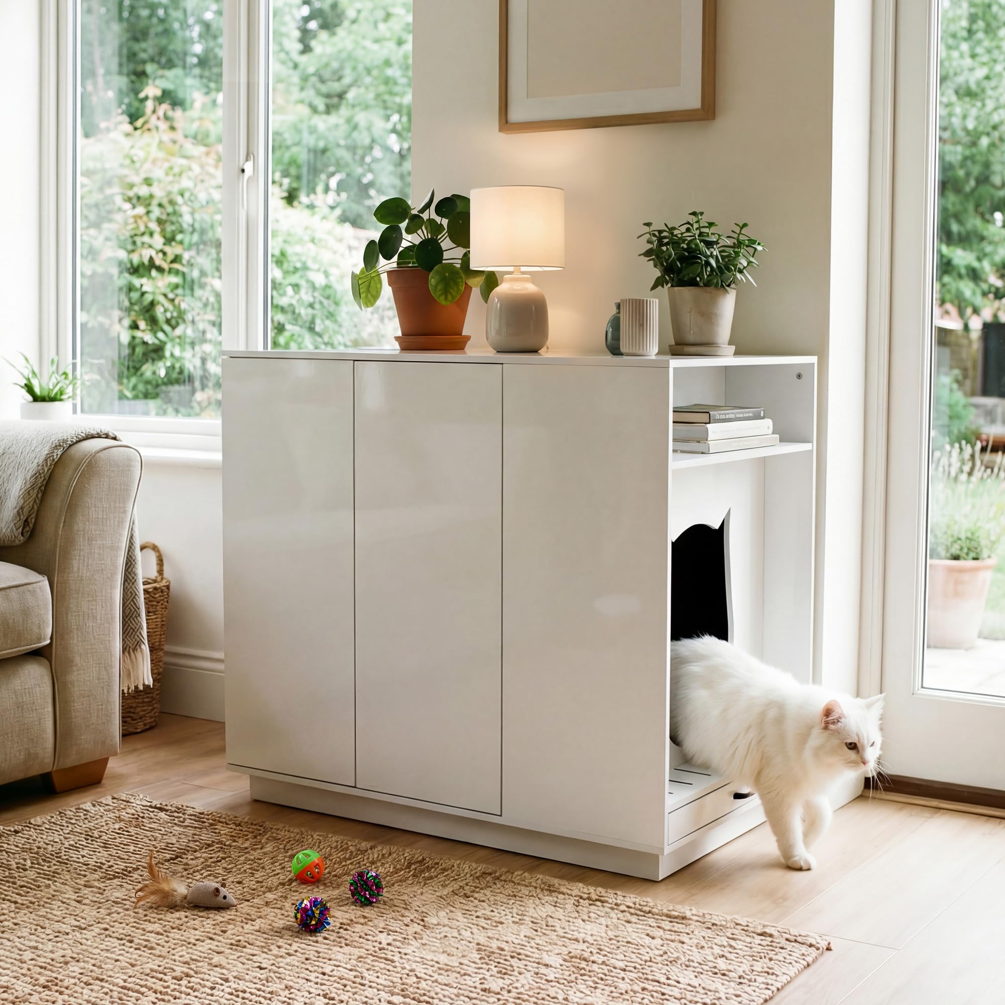 Large Hidden Litter Box Furniture with Led Light & Power Outlets, Modern Cat Litter-Box Enclosure for Self-Cleaning Litter Boxes, Indoor Wooden Storage Cat Cabinet, High-Gloss White - image 2