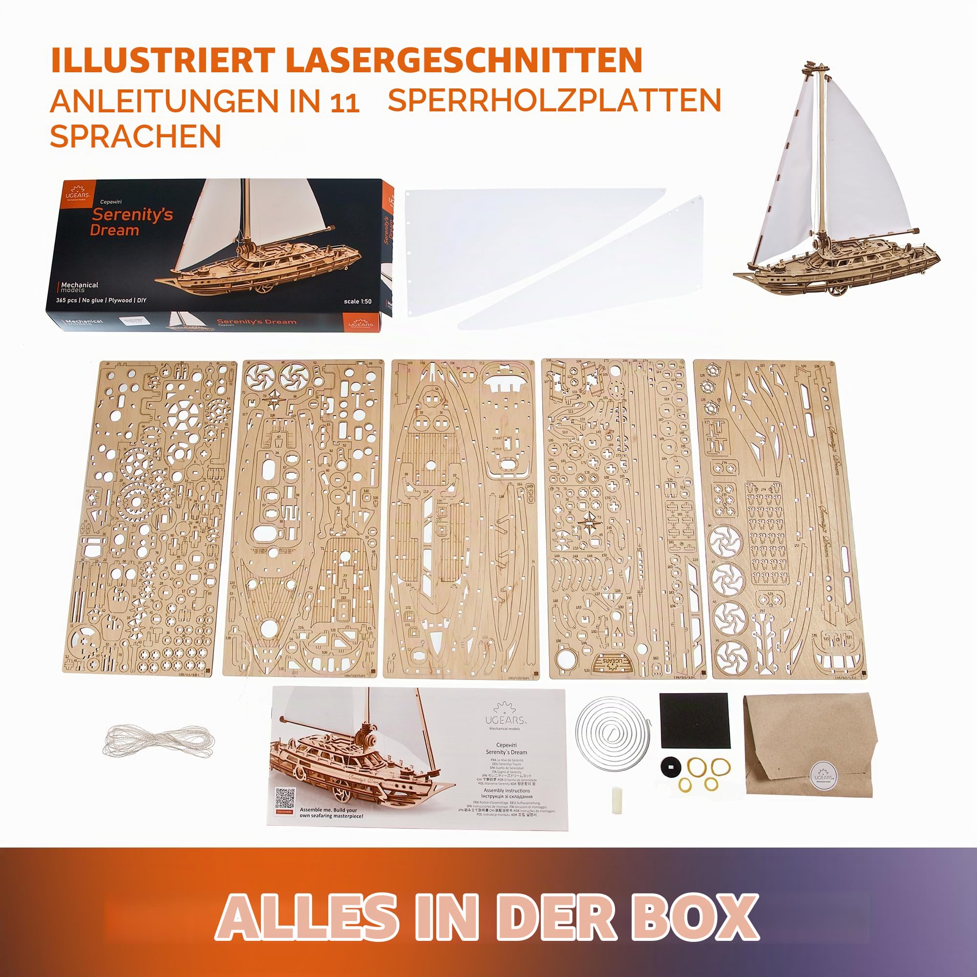 UGEARS Serenitys Traum Segelschiff Modellbausatz - Holzpuzzle Erwachsene 3D Schiff - Modellschiff Bausatz Holz - Segelboot Deko & Modellbau Schiff für DIY Liebhaber - 3D Puzzle Holz Erwachsene Bausatz
