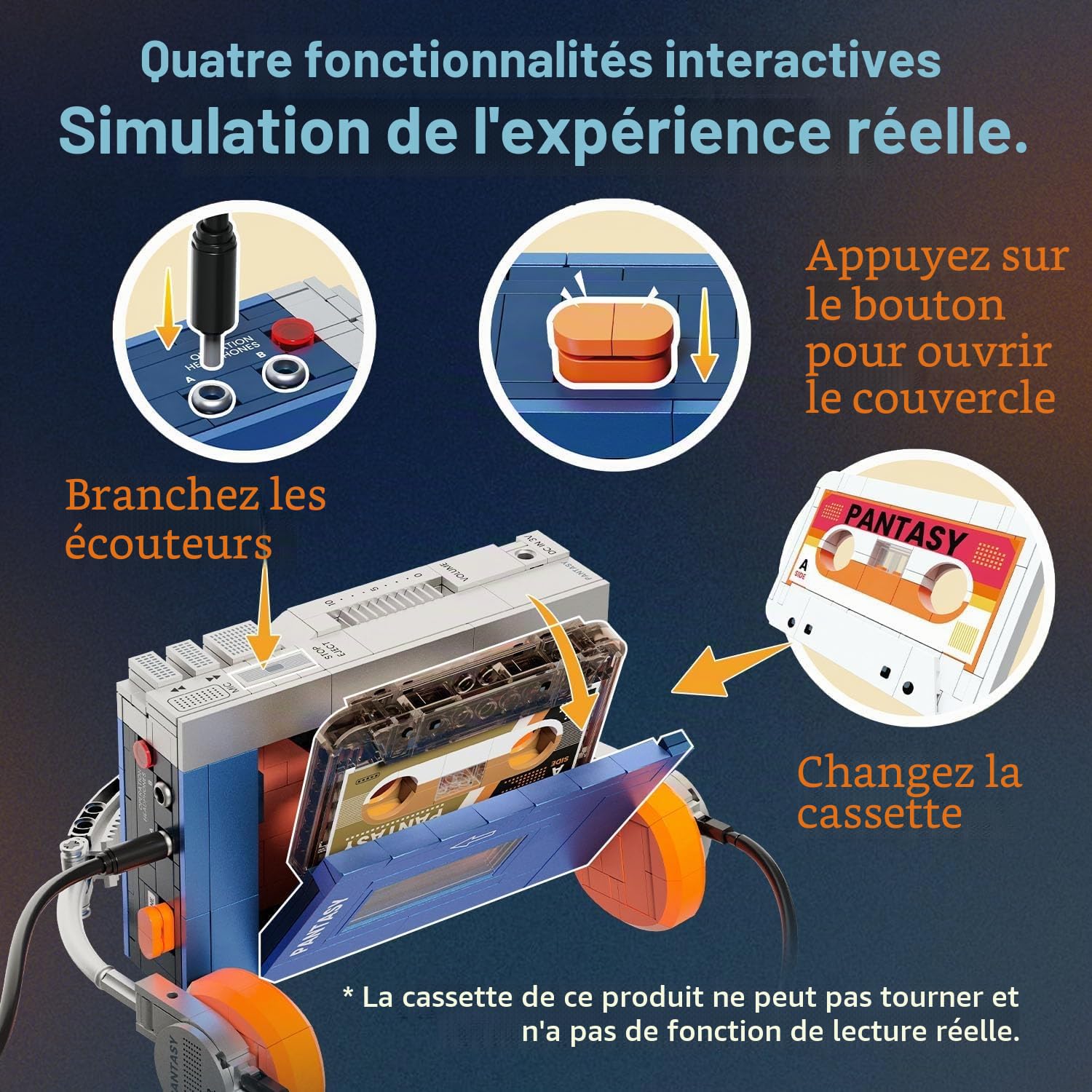 PAN TASY Lecteur Cassette Rétro, Jeu de Construction pour Adultes | Cassette amovible, commandes mobiles et format compact de 15 cm, modèle vintage nostalgique à construire et exposer