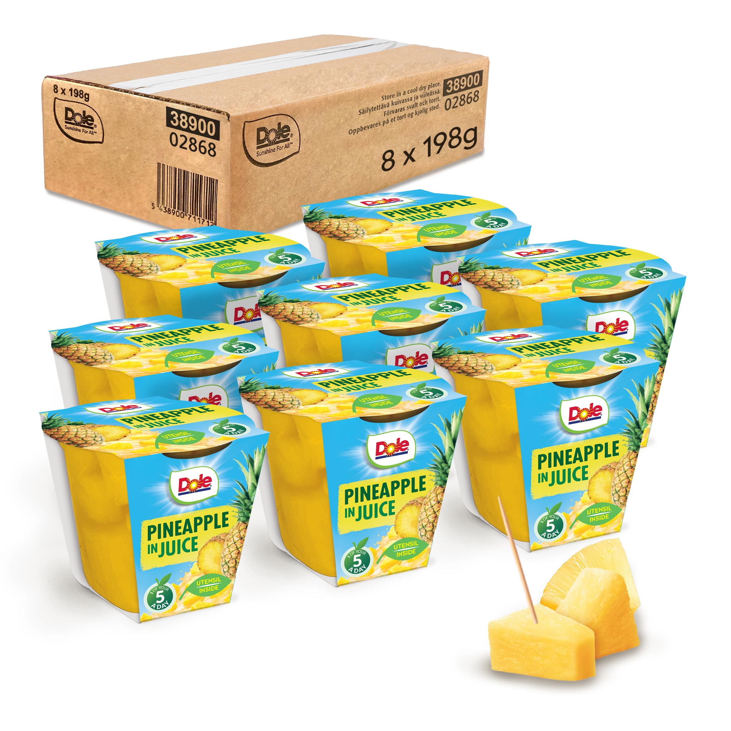 Dole Tropical Gold Pineapple in Juice Fruit Pots 8 x 198g, Fresh Chunks, Healthy Snack, No Added Sugar, Perfect for Breakfast & Dessert or Adding to Recipes