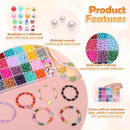 Miniatura 10 de 1824 cuentas de perlas para la fabricación de joyas, 5 tamaños mezclados de 0.157 in, 0.236 in, 0.315 in, 0.394 in y 0.472 in para manualidades,