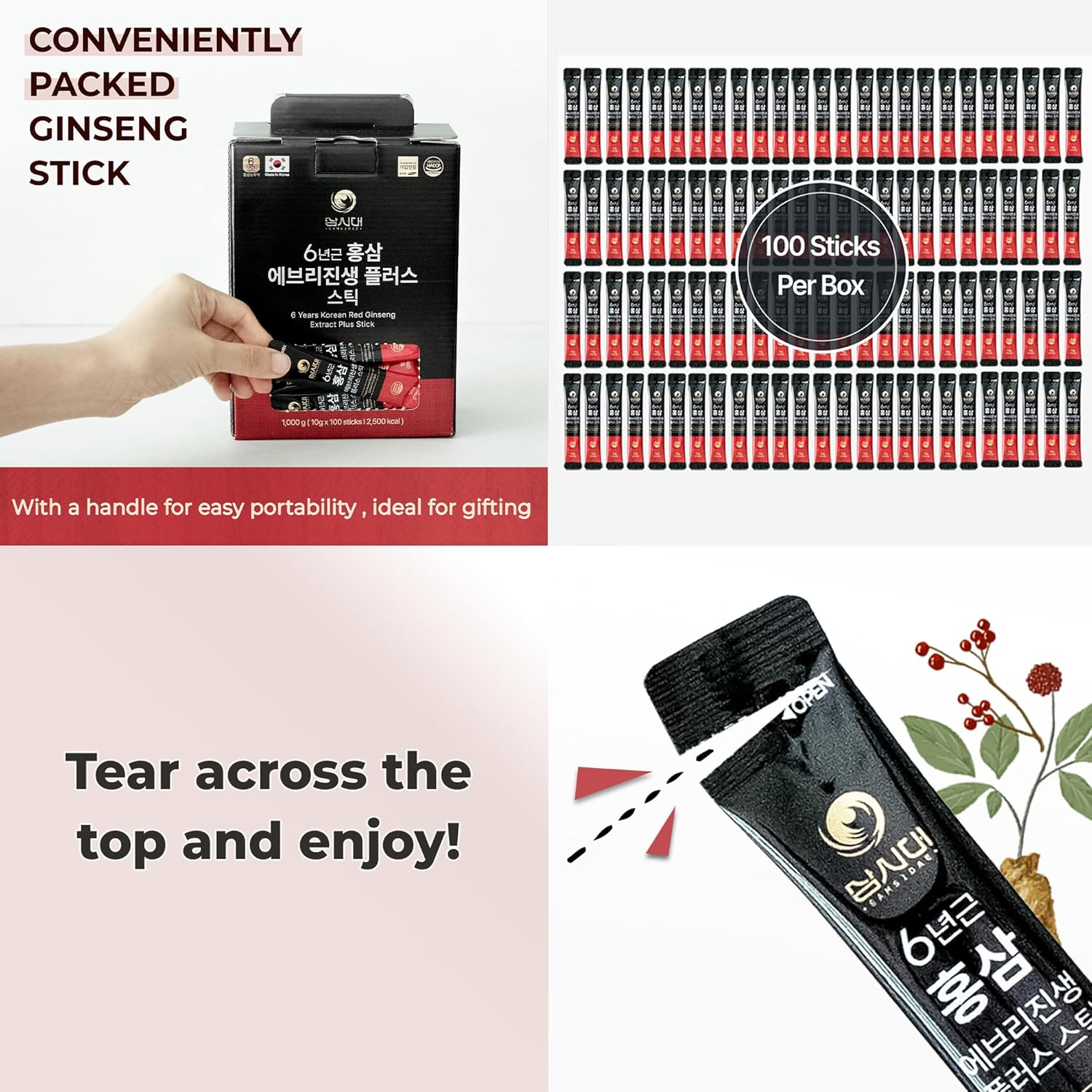 6-Year Korean Red Ginseng Stick 100 Count – Every Ginseng Plus Extract – 100% Korean Sourced – 6-Year-Old Roots – Boost Energy, Immunity & Vitality – Convenient Easy-Cut Sachets
