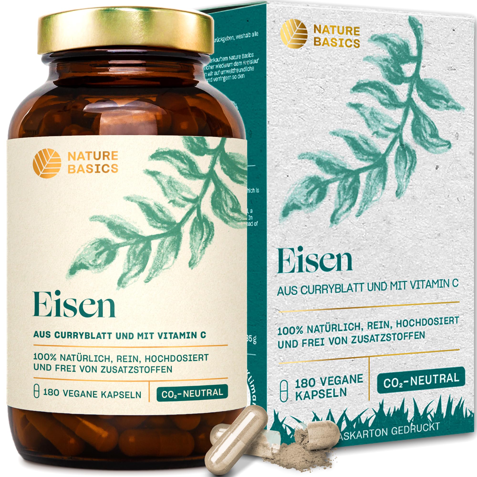 Nature Basics Eisen + Vitamin C | 180 Kapseln | Natürlich & vegan | Natürliches Eisen aus Curryblatt-Extrakt, Vitamin C aus Hagebutte, ohne Zusatzstoffe, in Deutschland hergestellt
