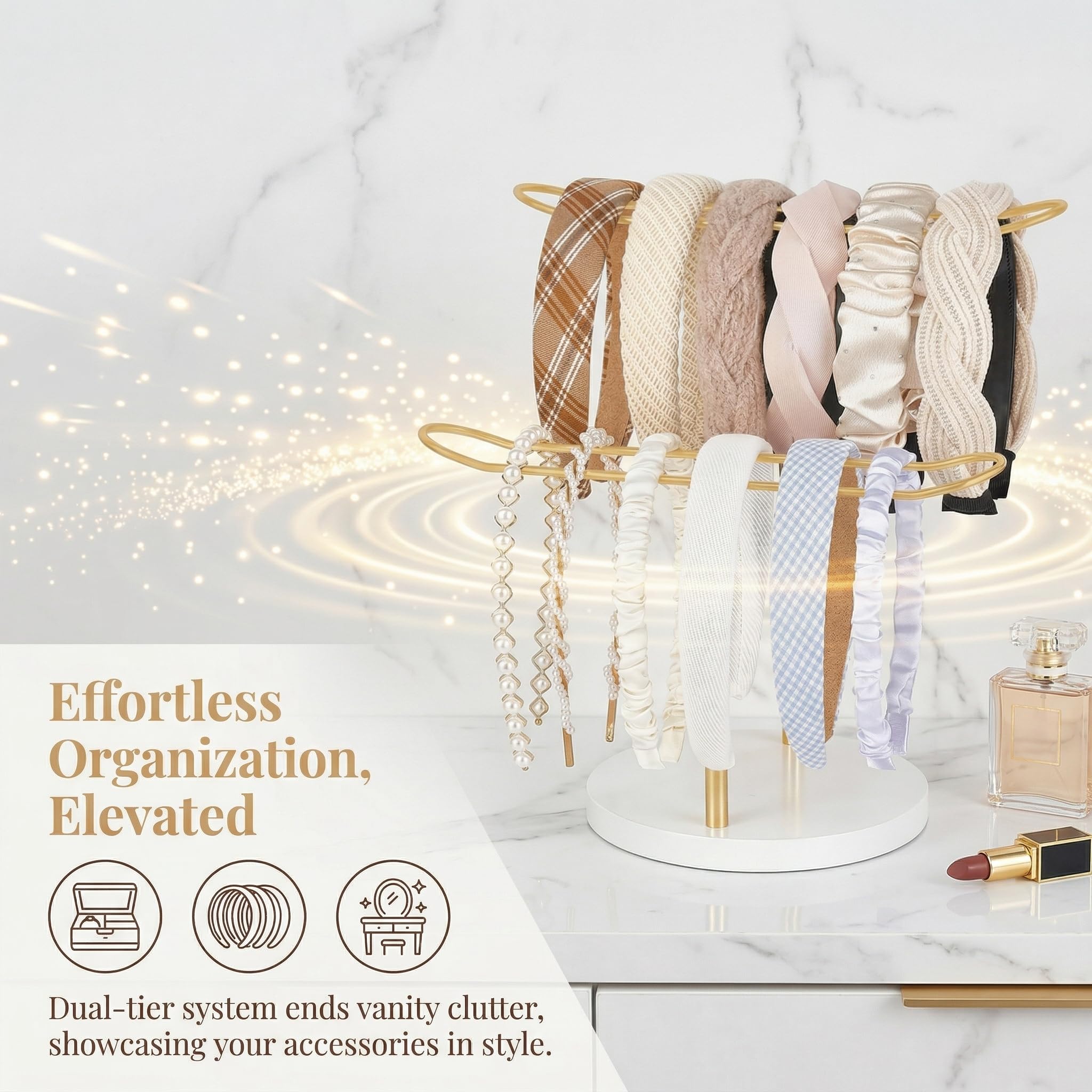 Organizador de Diadema de Metal, Expositor para Diademas de 2 Niveles, Organizador de Accesorios para el Cabello con Base Estable, para Guardar Diademas, Pulseras, Collares y Relojes, Dorado