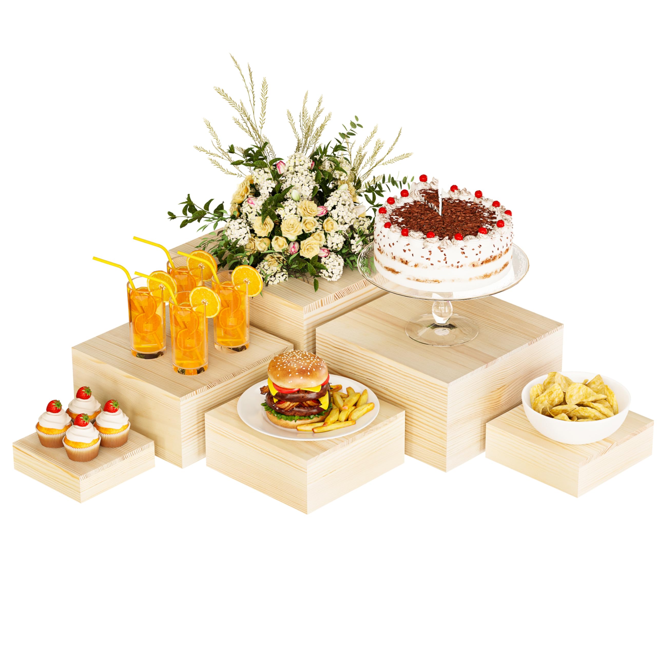 Photo 1 of YFEEN Wooden Display Risers,6PCS Jewelry and Accessories Risers for Jewelry Figurine 5in to 10in For Buffet Party Rustic Wood Cake & Cupcake Stands& Decor (Natural, 5IN to 10IN)