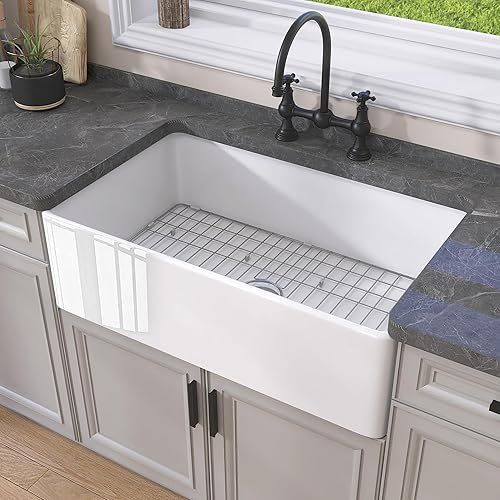 GETPRO Fregadero de cocina de arcilla refractaria de 30 pulgadas, fregadero de cocina blanco, delantal delantero, fregadero de cocina grande