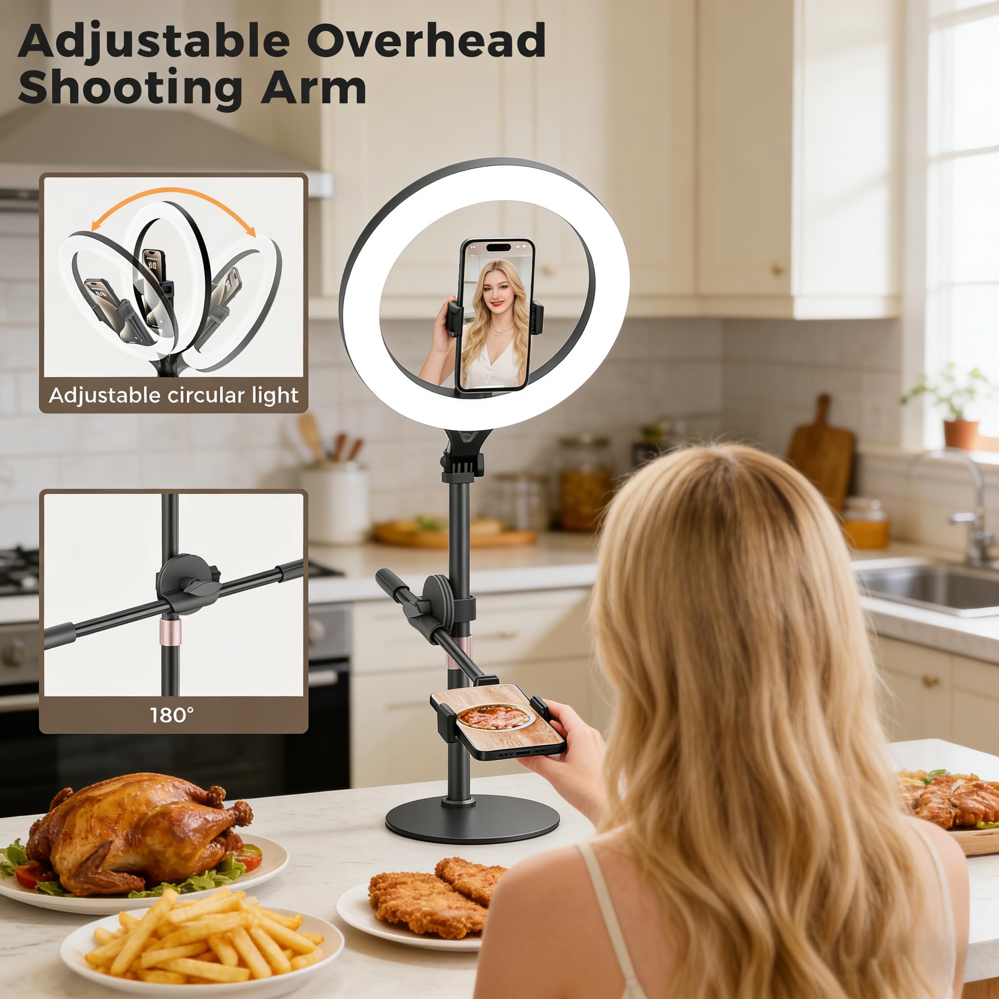 Anillo de luz de escritorio de 11 pulgadas, anillo de luz inalámbrico Bluetooth con soporte y soporte para teléfono, soporte de teléfono para grabación de video, trípode para cocinar videos, lámpara