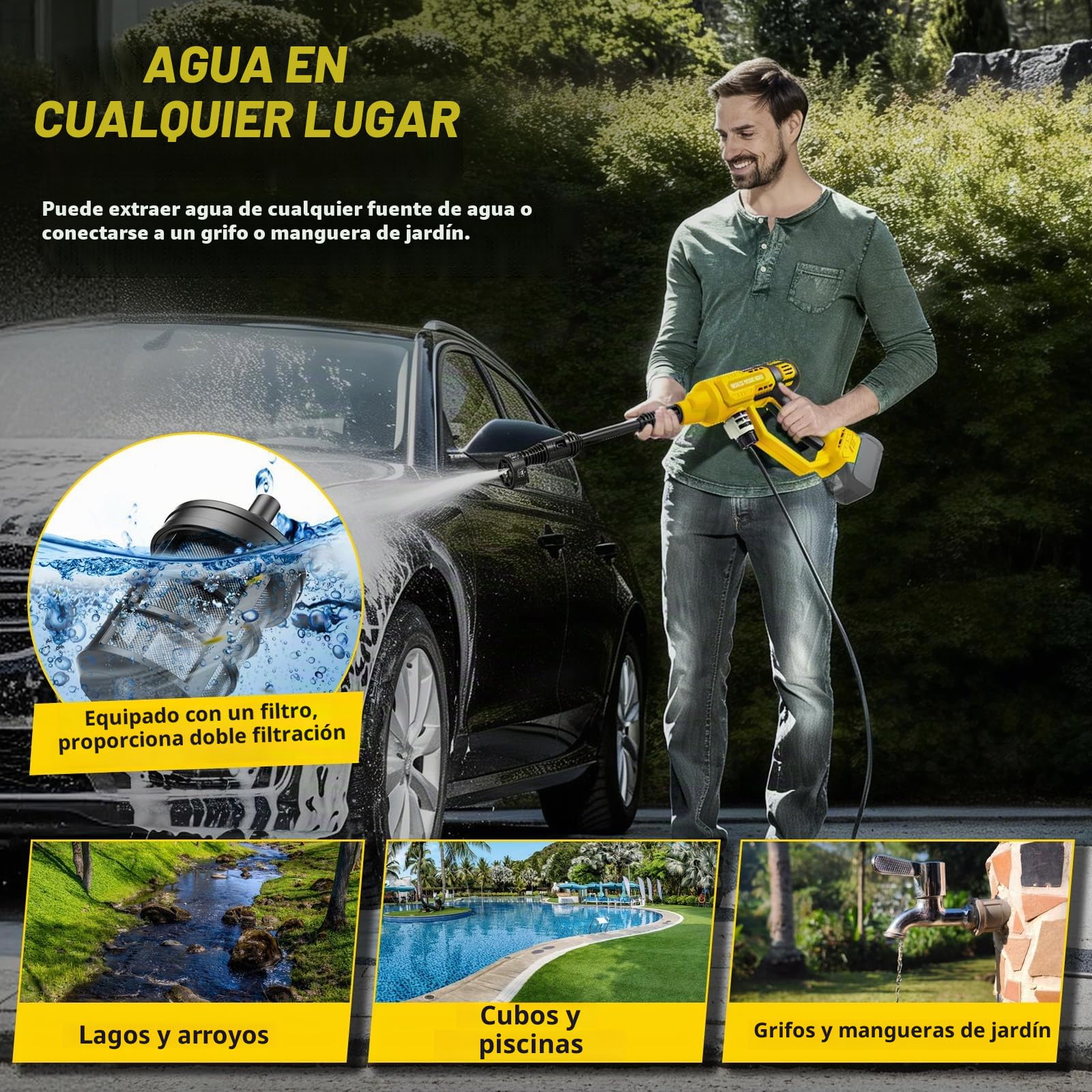 Hidrolimpiadora sin Cable Compatible con batería Dewalt 20V, 750 PSI Hidrolimpiadora portátil de Mano con cañón de Espuma con Boquilla 6 en 1 para Limpieza de Suelos de Coches y Paredes (sin batería)