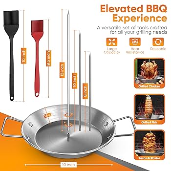 Vertical Meat Skewer Pan For Oven Stainless Steel Vertical Grilling Tray With 8/10/12 Inch Spikes Brazilian Spit Stand BBQ Meat Skewer For Whole Chickens Fish Sausage