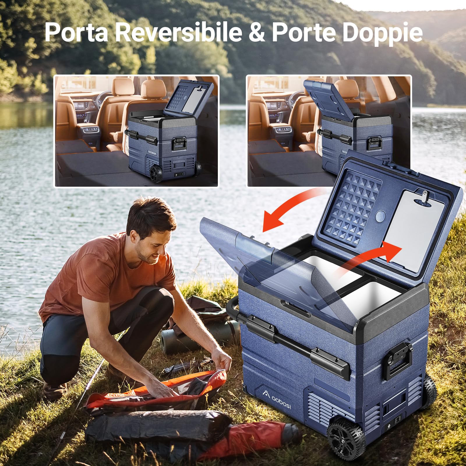 AAOBOSI Frigo Portatile, Frigo Per Auto Doppia Zona, Frigorifero da Viaggio con WiFi, -20 ℃ a 20℃, 12/24V DC e 100/240V AC,Per Auto, Camion, Camper, Barca e Presa Di Corrente