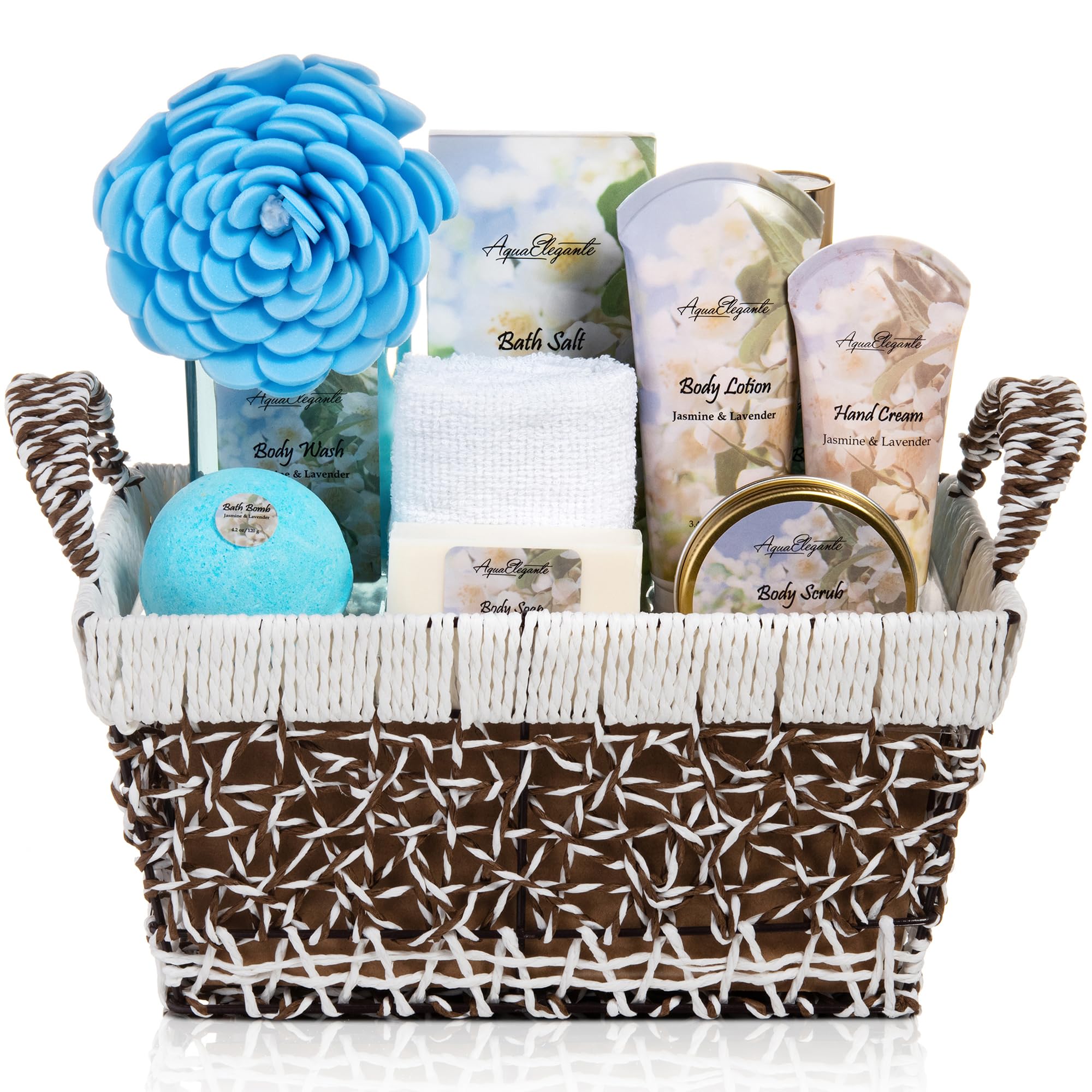 Spa Baskets For Women - Luxury Bath Set With Jasmine & Lavender - Spa Kit Includes Wash, Bubble Bath, Lotion, Bath Salts, Body Scrub, Hand Cream,