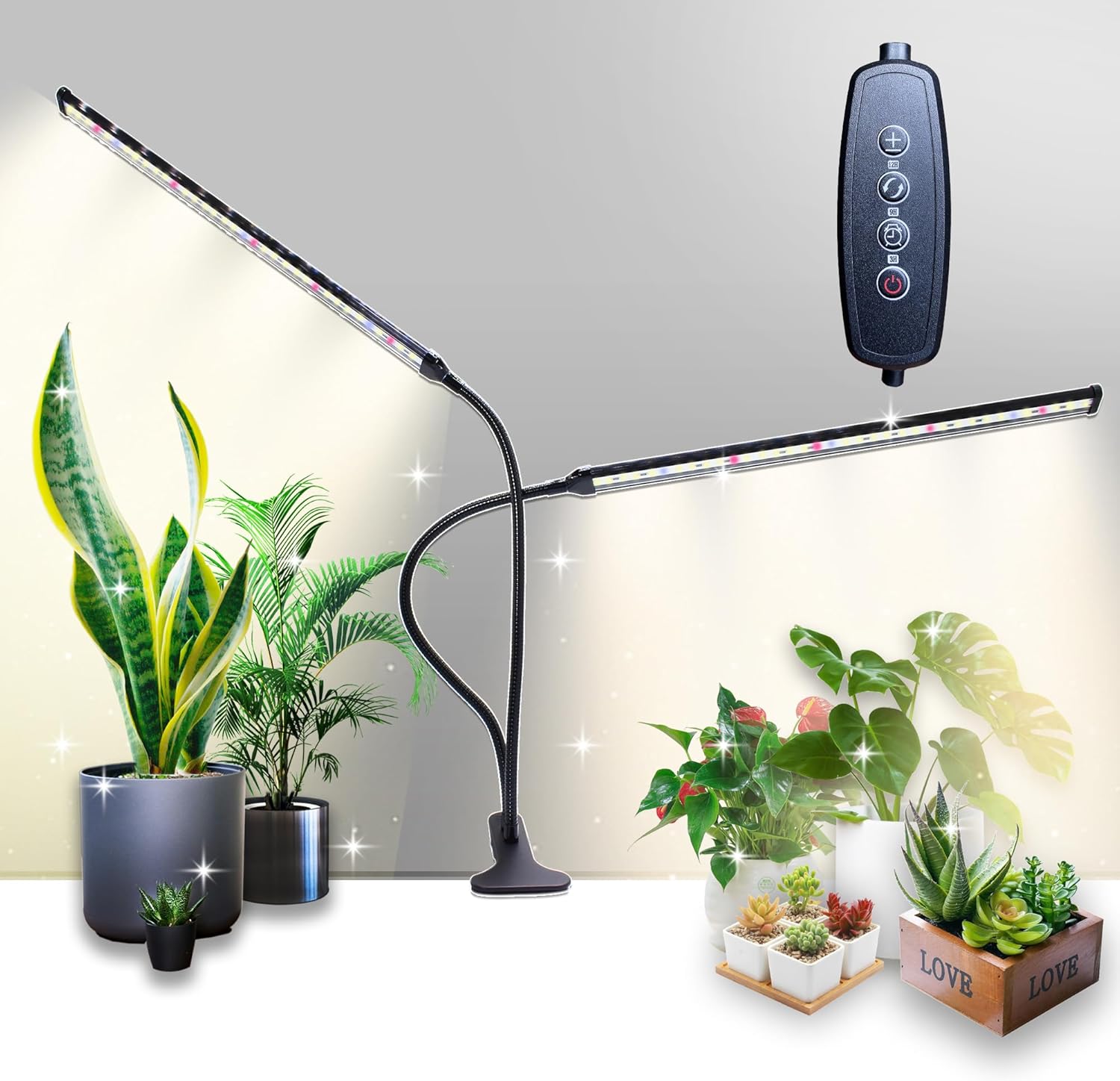Full Spectrum Grow Light, Plant Lamp for Indoor Plants, Large Plants and Seeding Veg, Tube Length 16 Inches, Auto Timer, Clip with Gooseneck