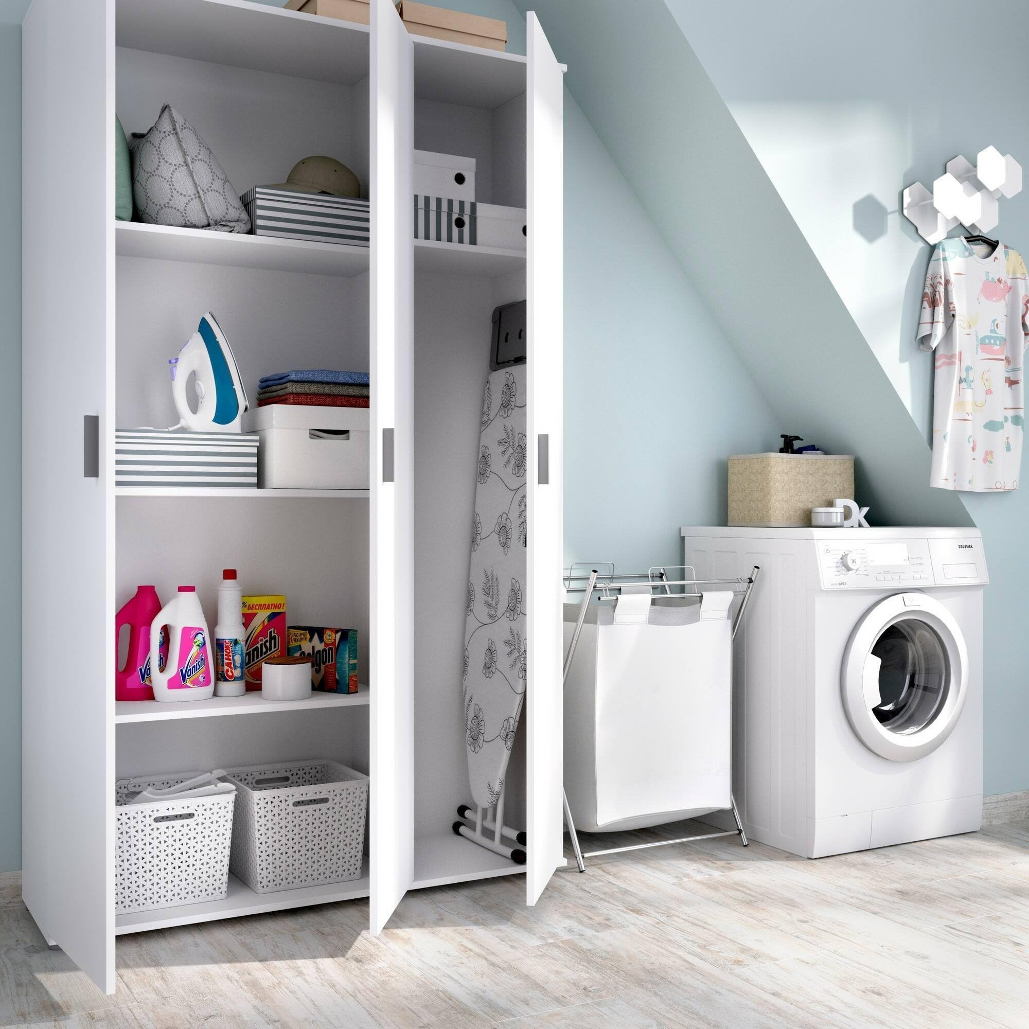 Dmora Armadio Multiuso Grande Sillano 35x190h cm Bianco 4 Ripiani Portascope, Apertura Battente