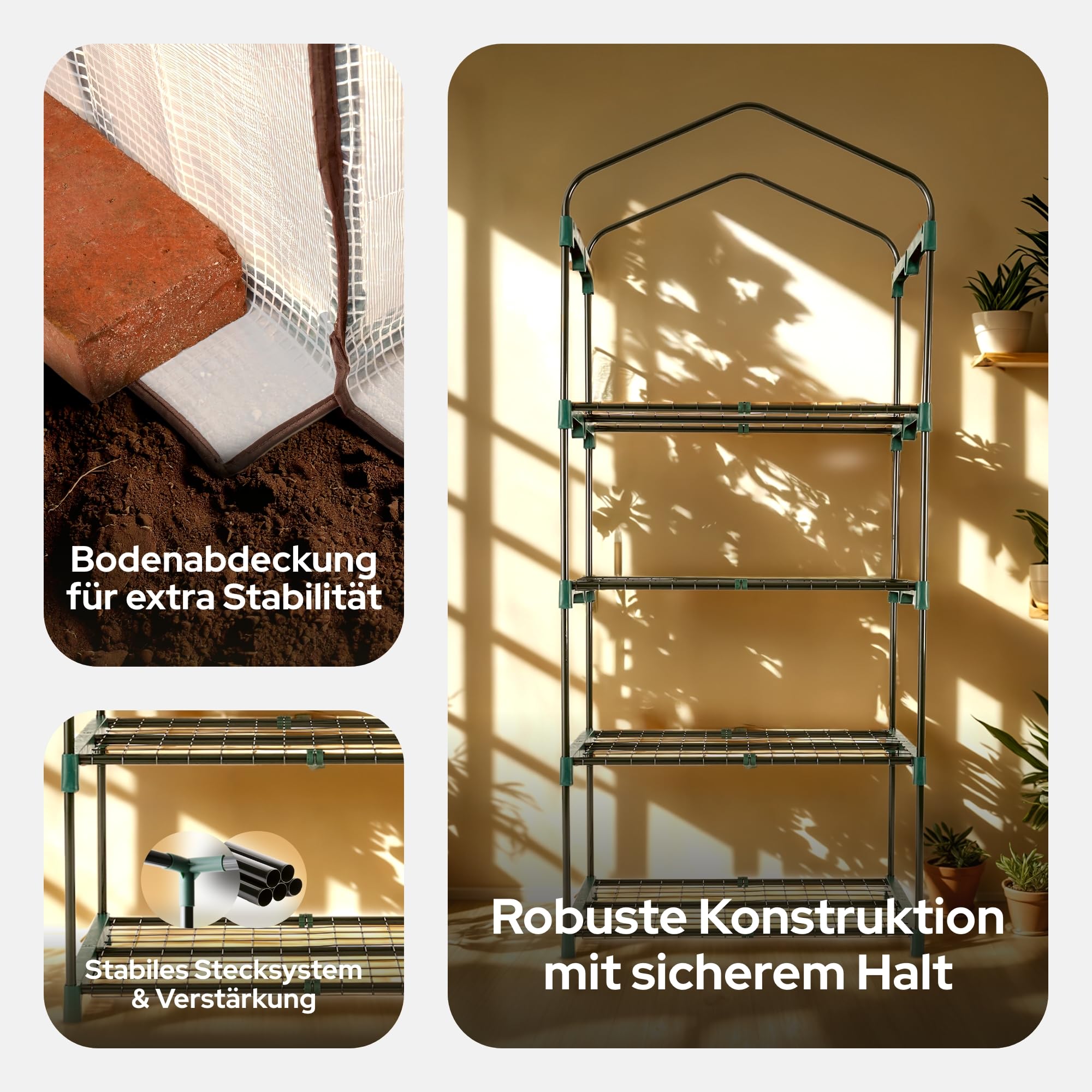 Arebos Premium Foliengewächshaus Gewächshaus mit 4 Etagen - 70 x 50 x 158 cm Treibhaus mit 4 Regalen - Platzsparend, Hochwertiges Anzuchthaus Garten Balkon Stabil & Einfach zu Montieren