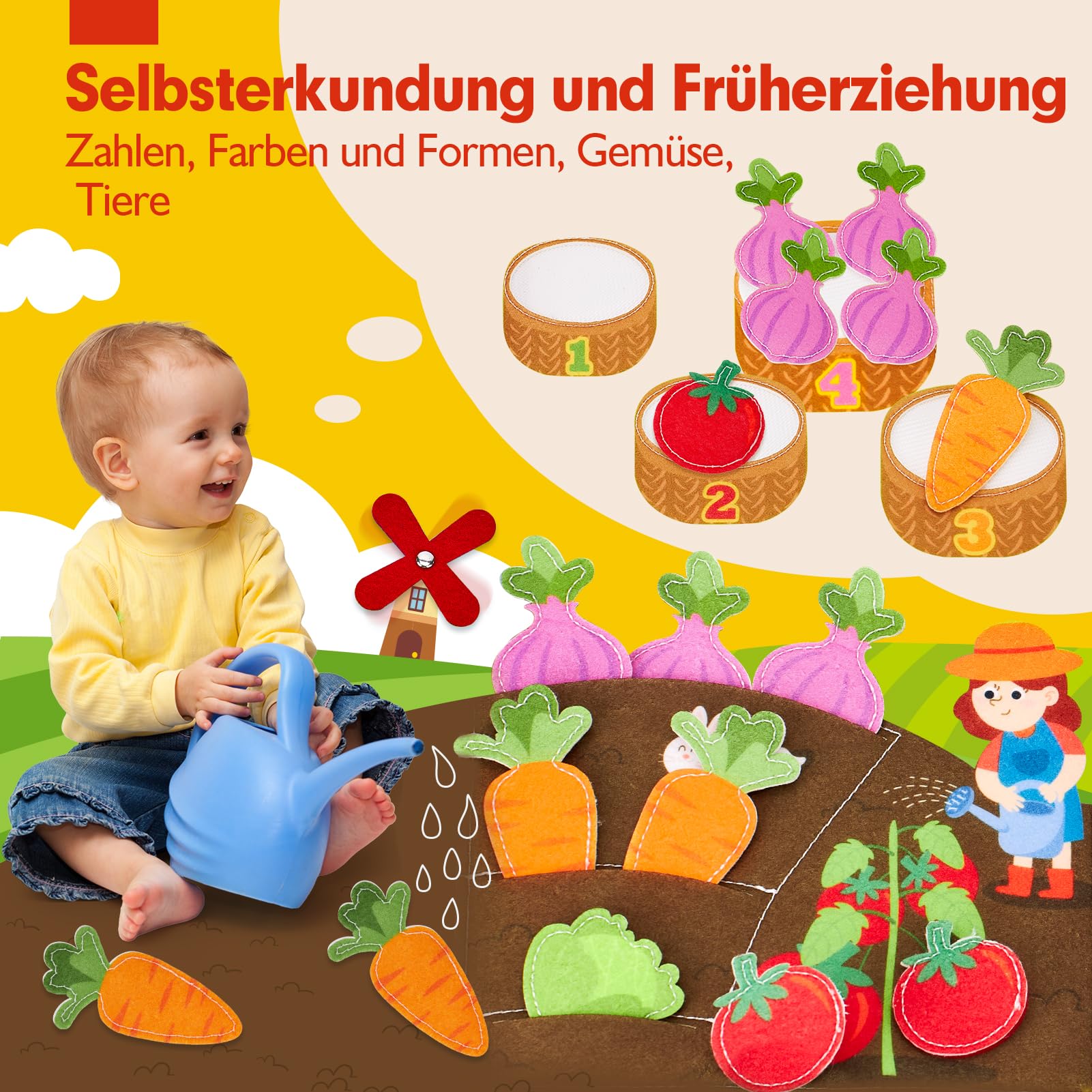 hahaland Busy Board ab 1 Jahr, 3D Filz Bauernhof Quiet Book ab 1 Jahre, Förderung Feinmotorischen Fähigkeiten, Busy Book für Autofahrt, Frühes Lernen Montessori Spielzeug ab 1 Jahr für Geschenk