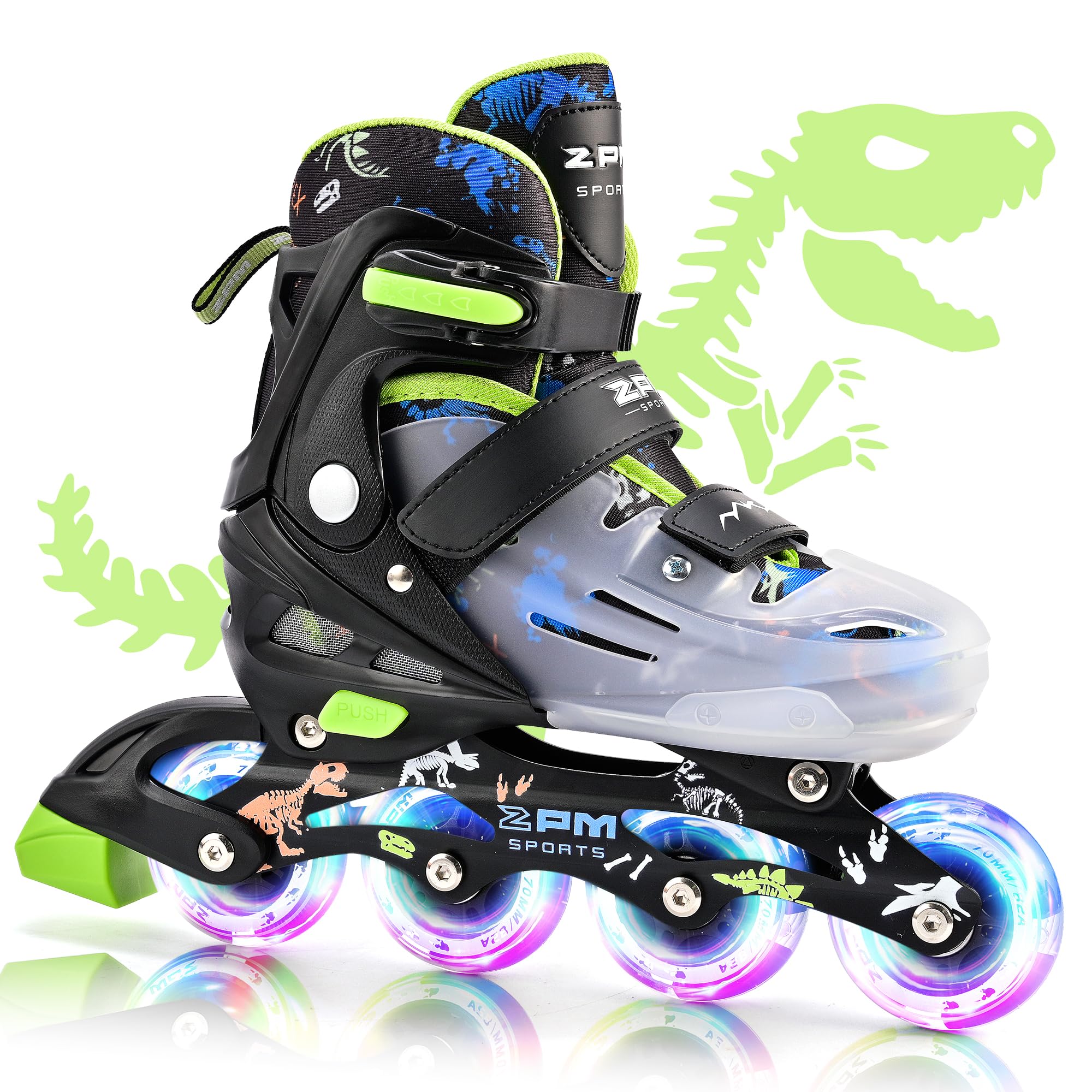 2PM SPORTS Adjustable Kids Inline Skates Boys Ages 4-8 8-12 3-5 4-6 6-12 10-12 with Light Up Wheels, Roller Skates Blades for Boys Beginner Youth Indoor Outdoor Size 11C 1 2 3 4 5 6 7 8 Dinosaur