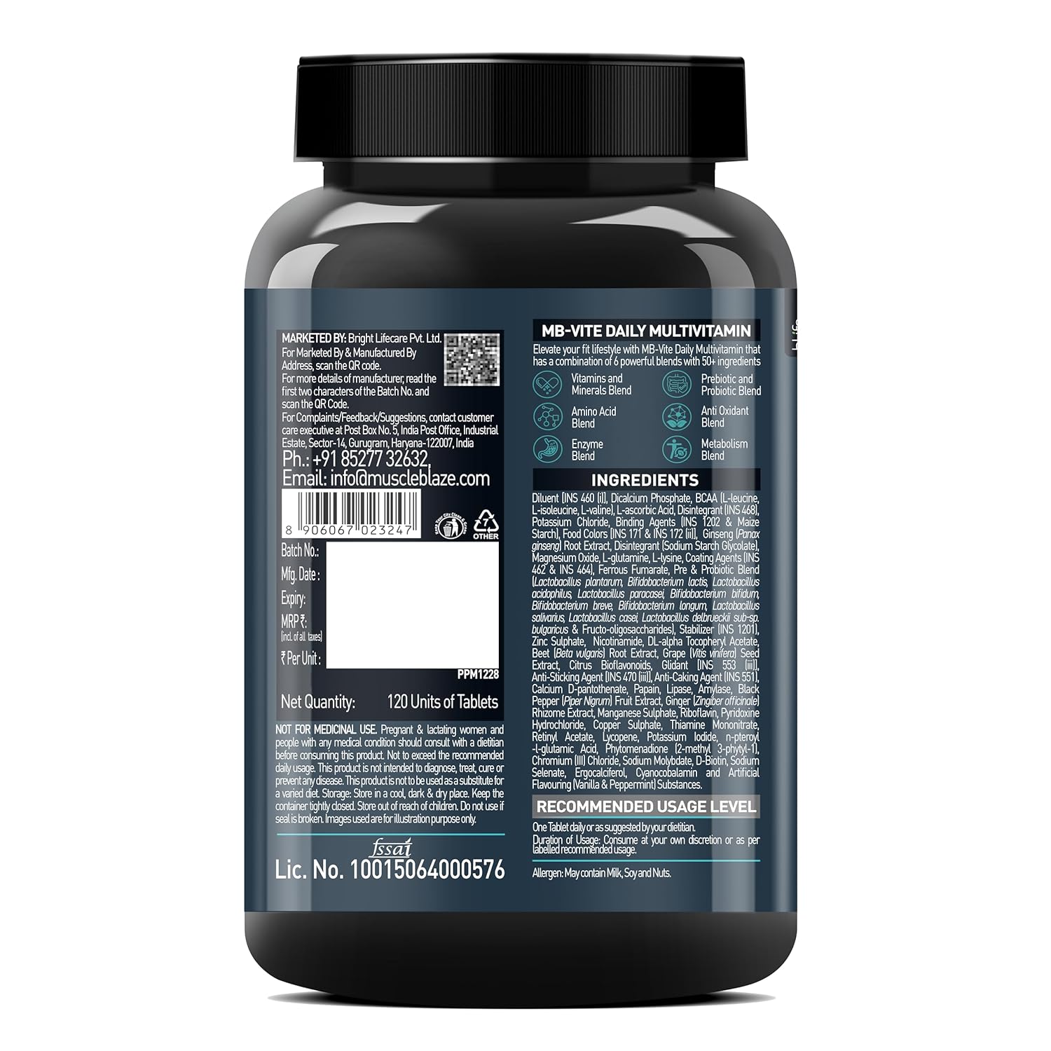 Muscleblaze MB-Vite Daily Multivitamin (120 Tablet) | With 51 ingredients and 6 mixtures. Vitamins and minerals, prebiotics and probiotics, amino acids. For energy, stamina and recovery Muscleblaze MB-Vite Daily Multivitamin (120 Tablet) | With 51 ingredients and 6 mixtures. Vitamins and minerals, prebiotics and probiotics, amino acids. For energy, stamina and recovery