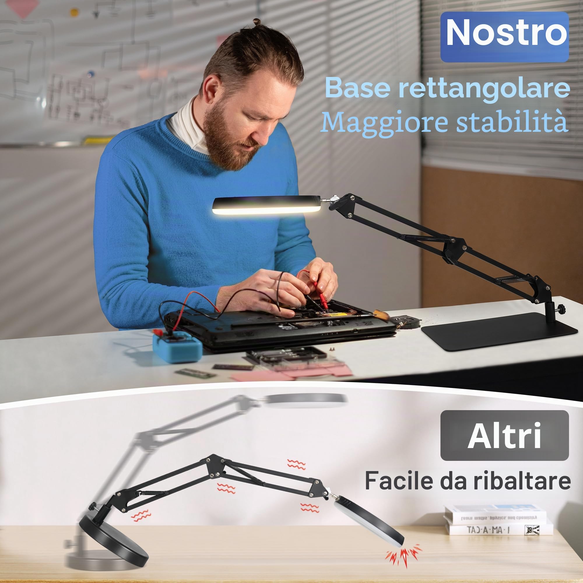 RealPlus 10X Lente Ingrandimento con Luce [Con Base e Clip], Lampada con Lente di Ingrandimento, Braccio Telescopico, 5 Colore, 10 Luminosità, Ideale per Lavori di Precisione, Riparazione, Lettura