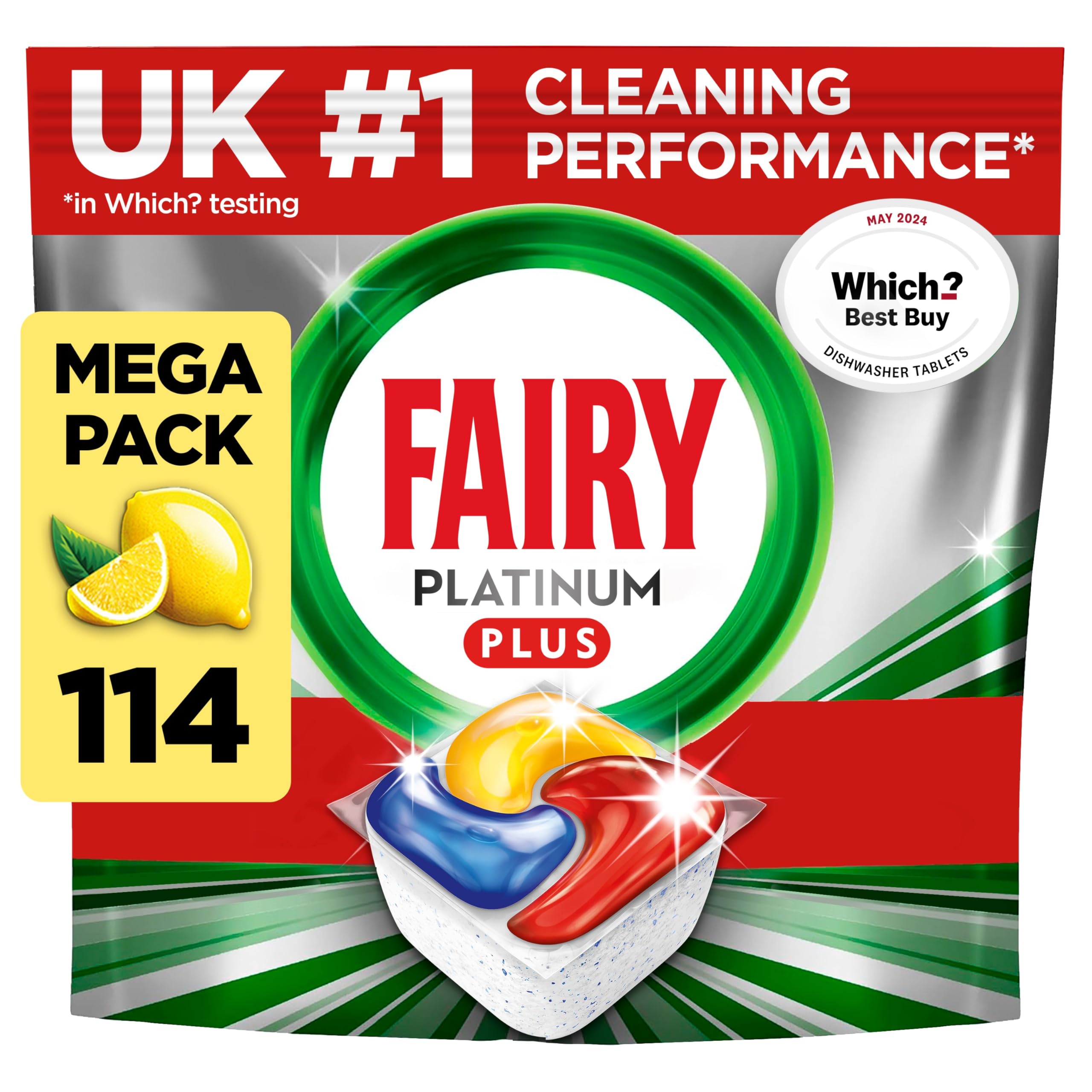 Fairy Platinum Plus Dishwasher Tablets, Lemon, 114 Capsules, Impeccable Clean Even in Quick Cycles Without Pre-Wash, Anti-Dull Technology, Super Shine Function, Filter Clean