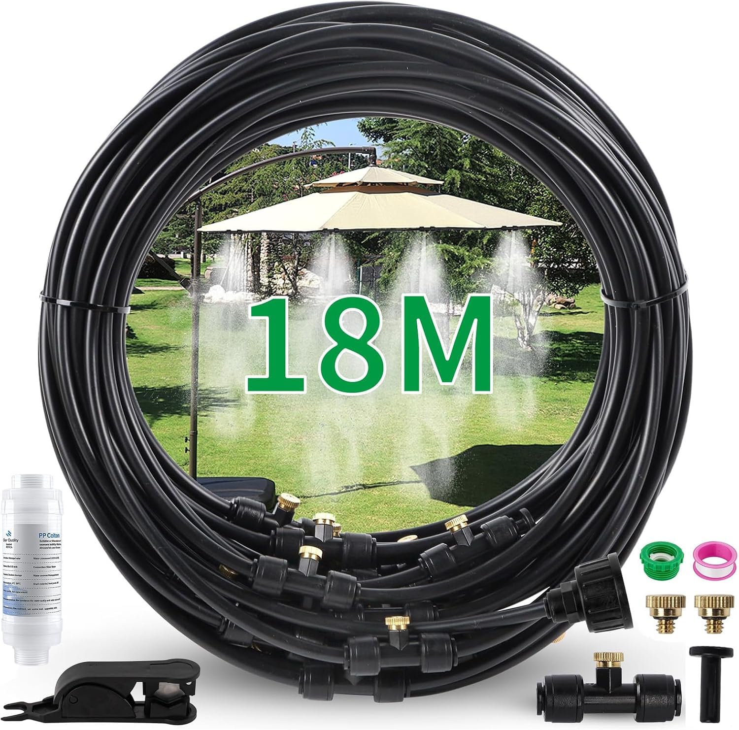Brumisateur Terrasse Exterieur, Kit d’Irrigation Système de Brumisateur Extérieur 18M avec avec filtre à eau 20 Buses de Brume avec Joint en T, Kit de Tuyau Brumisateur par Brume pour Jardin Parasols