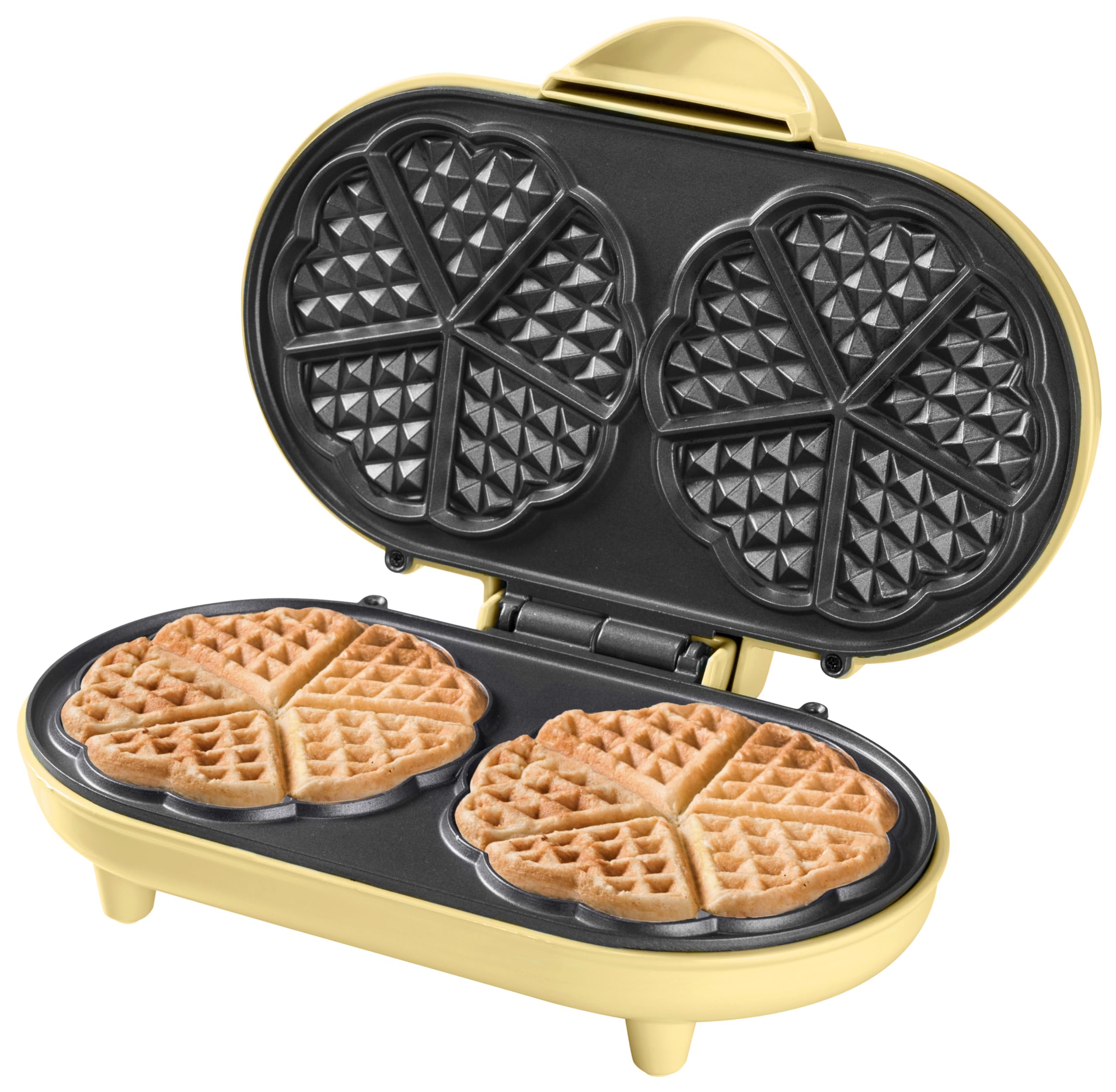 Bestron Double waffle maker for classic heart-shaped waffles, Waffle maker with non-stick coating, Sweet Dreams collection, Color: Yellow
