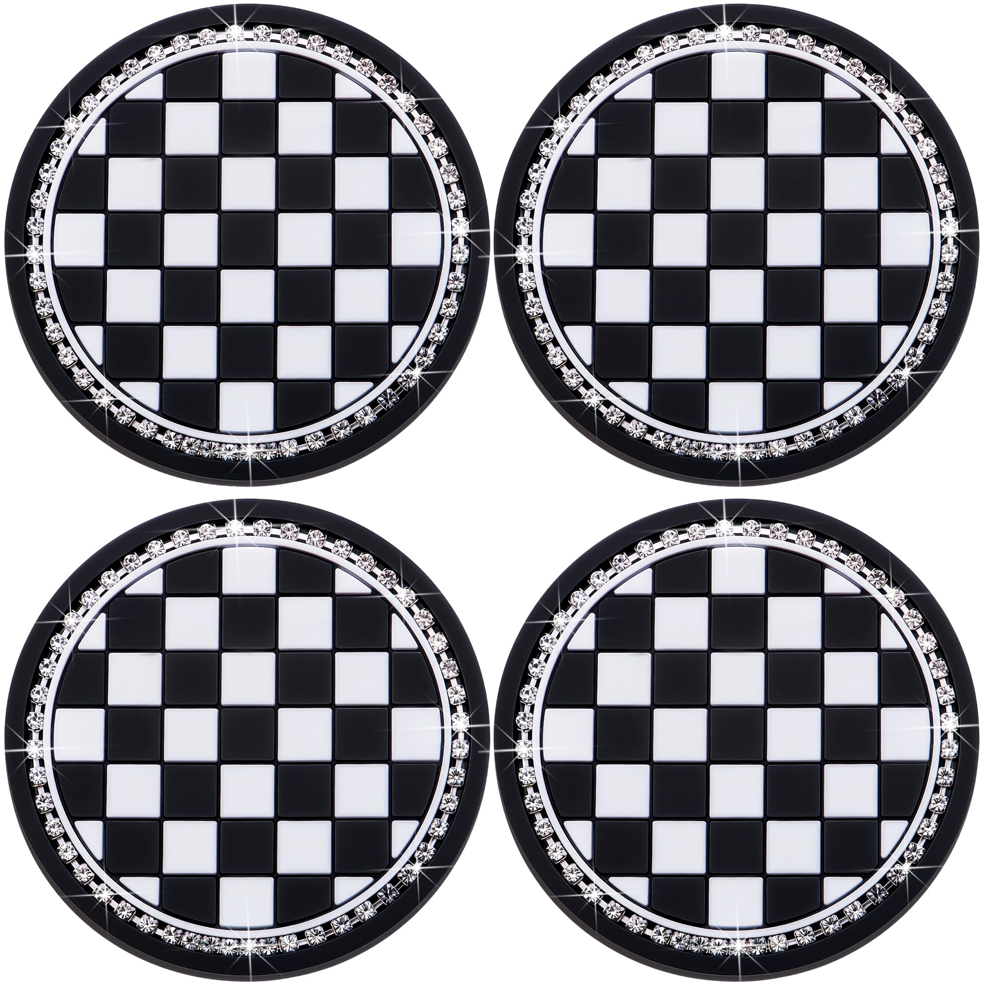 4PCS Car Cup Holder Coasters – Sparkly Bling Design, 2.75 Inch Silicone Insert, Anti-Slip &amp; Shockproof, Fits Most Vehicles (Checkerboard)