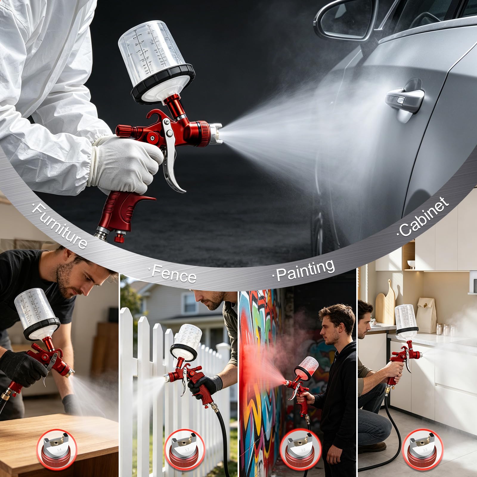 HVLP - Pistola de pulverización con kits de 4 boquillas de 1.4/1.7/2.0/2.5 mm, pistolas de pintura automotrices con 2 tazas, 10 vasos de pintura desechables de 650 ml, pistola de pulverización de