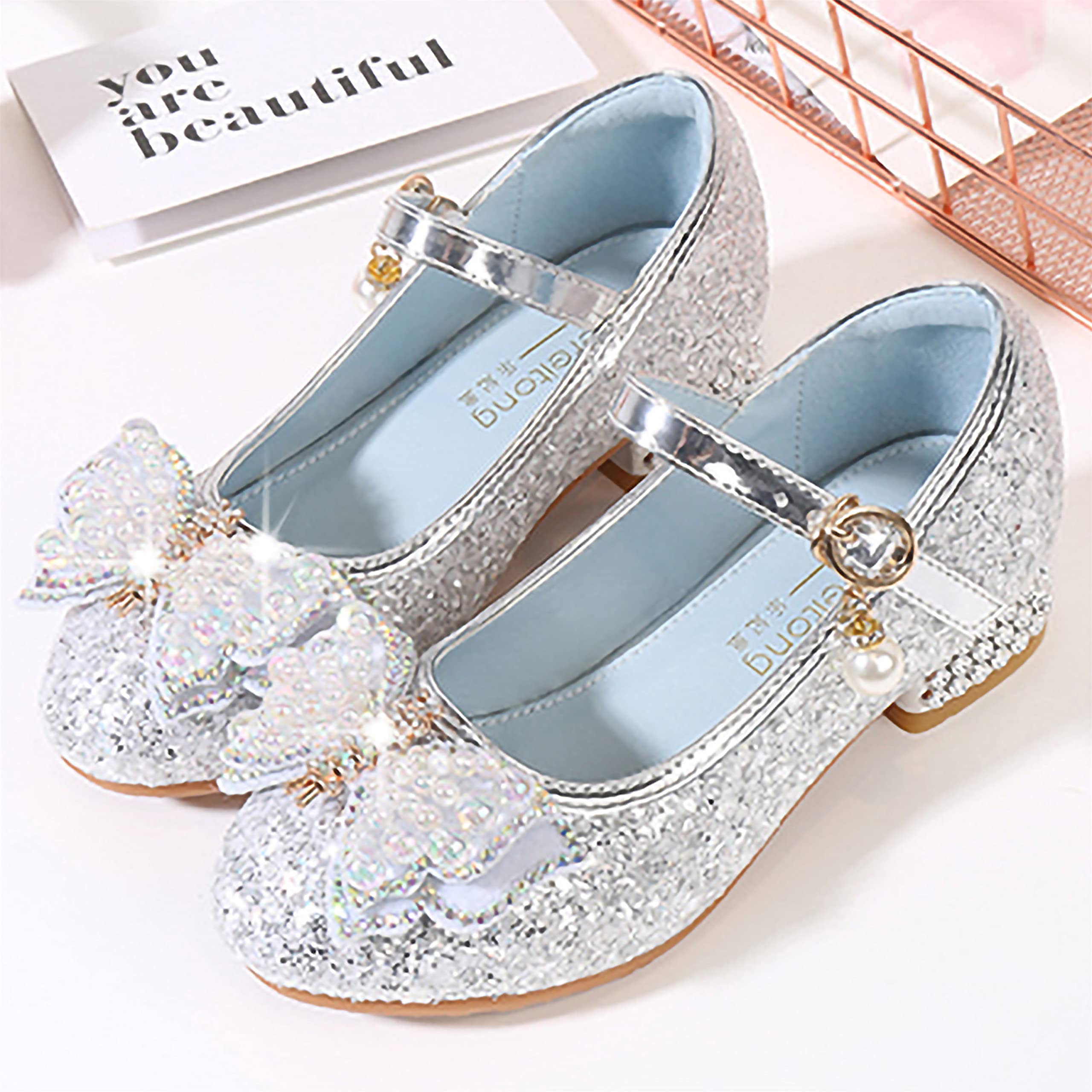 YOSICIL Principessa Scarpe con Tacco da Bambine e Ragazze con Fiocchi Scarpe da Principessa con Paillettes Ragazza Ballerine Glitterate Scarpe Eleganti Partito e Carnevale，Rosa