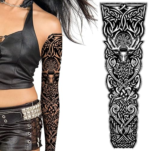 Miniatura 2 de 2 tatuajes temporales, vikingo de brazo completo, ciervo, soga, cuerpo artístico, calcomanías nórdico, celta, tribal, edad media, medieval,