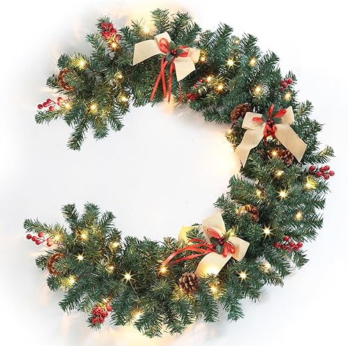 AORESAC Guirnalda de Navidad preiluminada de 6 pies, guirnalda de Navidad artificial con puntas de PVC, 50 luces LED, conos de pino, racimos de