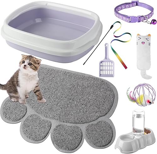 Kit de iniciación de 7 piezas para gatos pequeños, caja de arena para gatos con pala, alfombrilla de arena de patas de gato, cuencos dobles