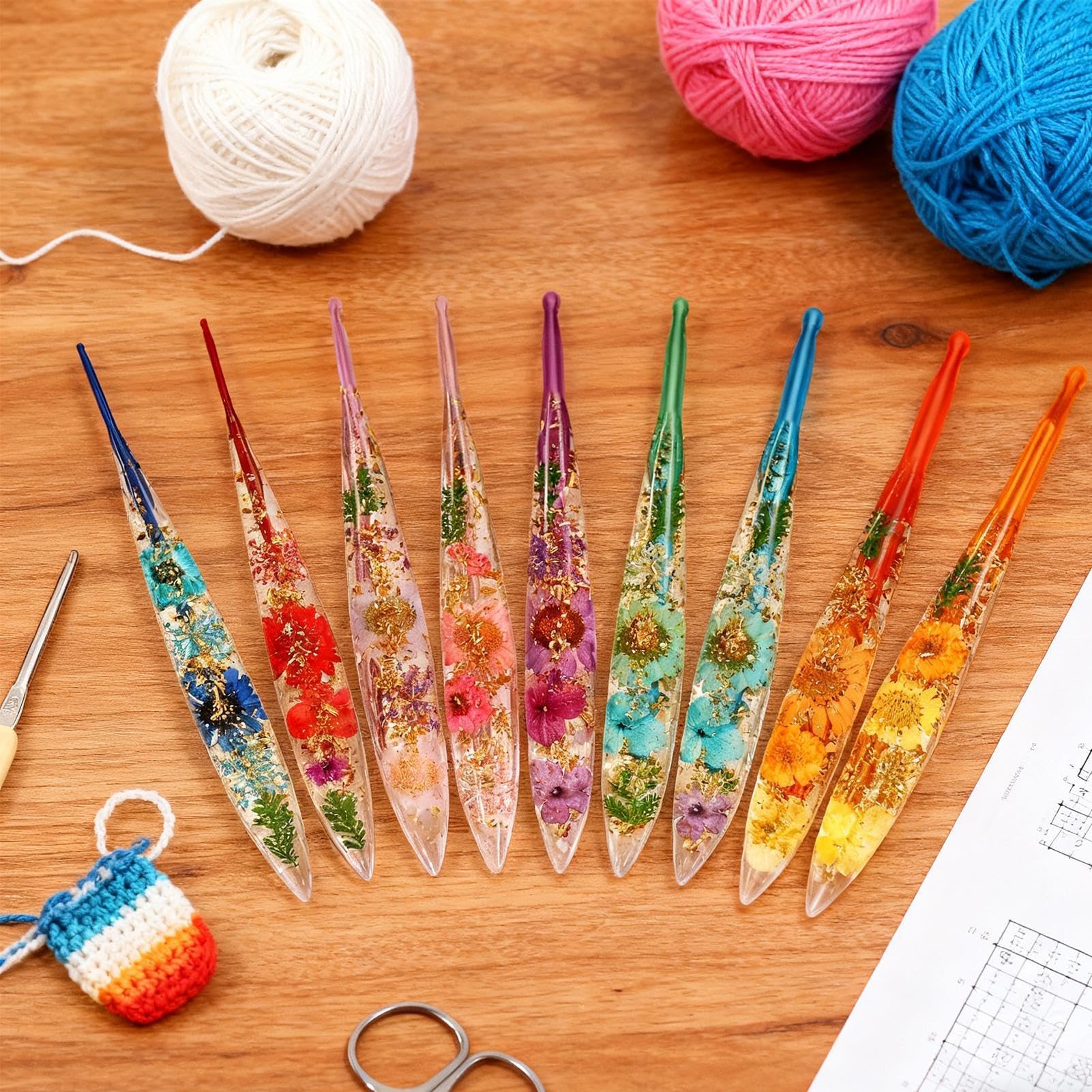 Juego de ganchos de ganchillo, herramientas de tejido de hilo con patrón floral, agarre cómodo, agujas de aluminio con asas ergonómicas para costuras suaves, kit de manualidades ligero, manta, gorro