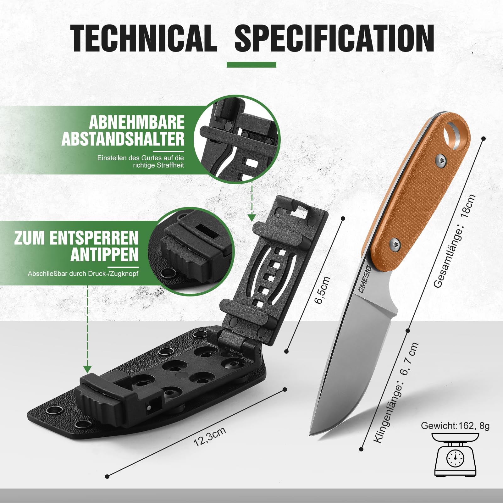 Omesio Coltello Outdoor 14C28N Lama Acciaio, Micarta Manico, Boscaglia Fodero Kydex, Clip Cintura, Sopravvivenza EDC, Escursioni, Campeg